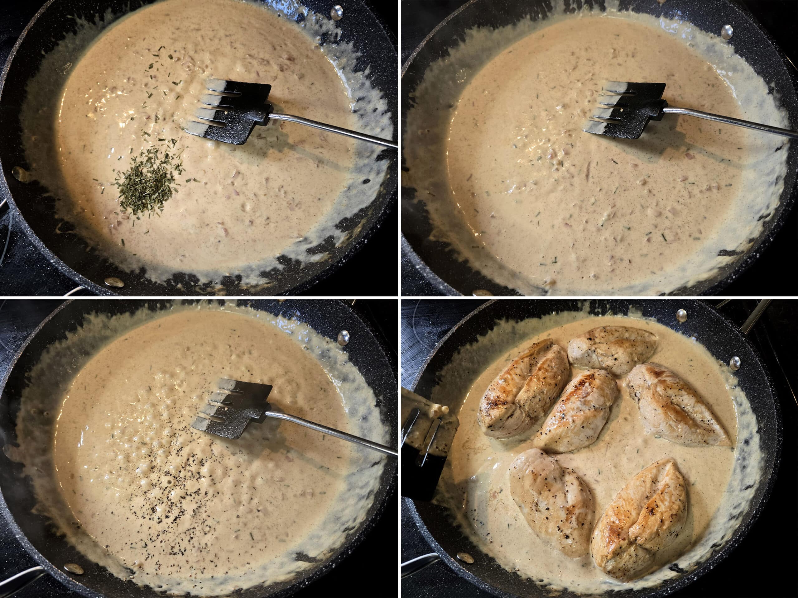 4 part image showing the mustard cream sauce being seasoned and the chicken breasts added back in.