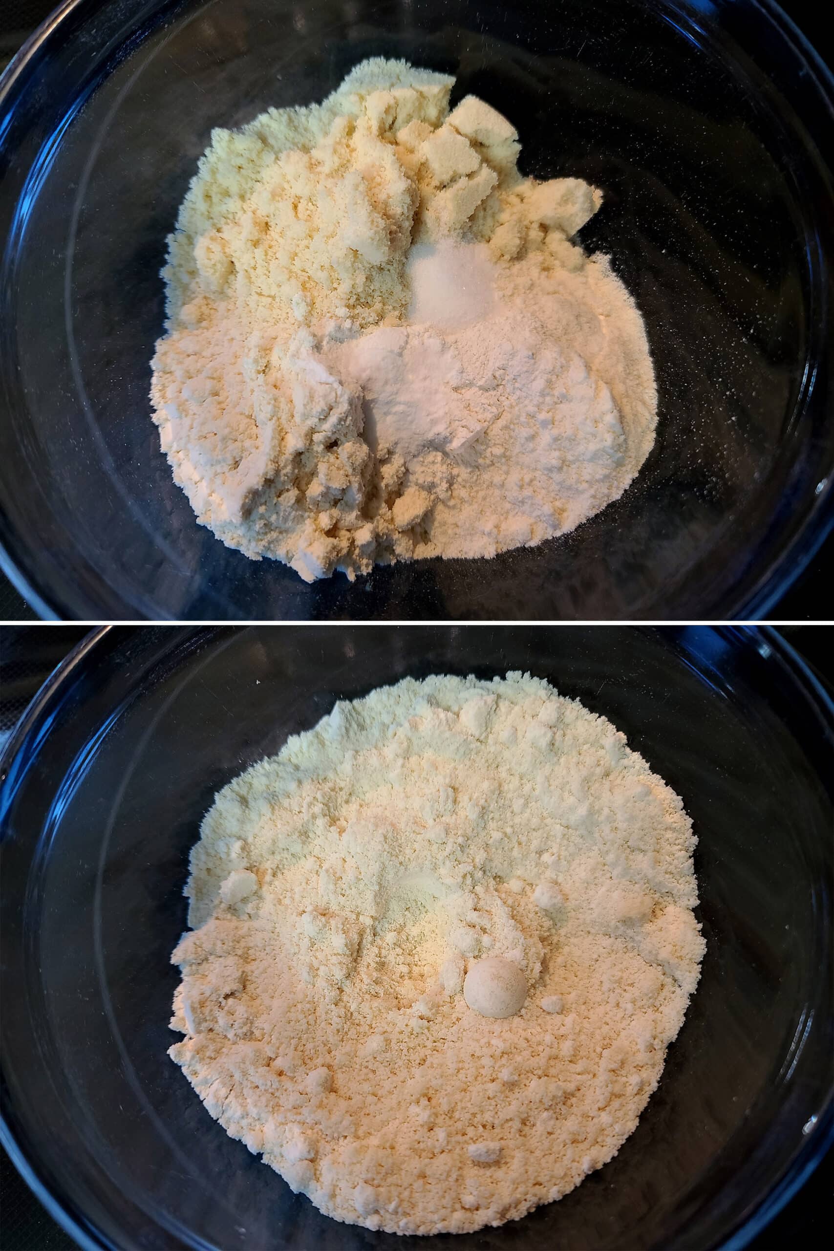 2 part image showing the dry ingredients being mixed together.