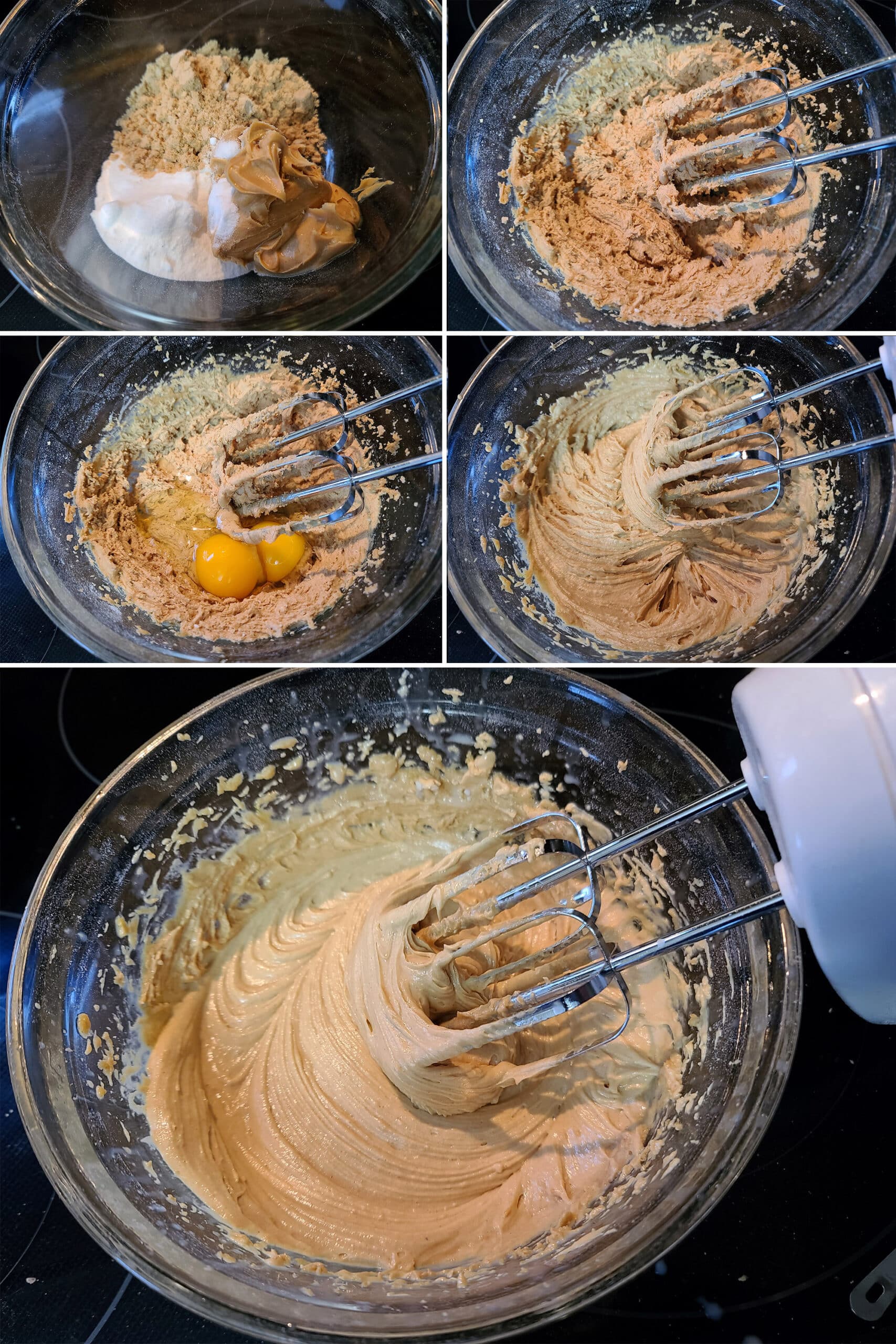 5 part image showing the peanut butter, sweeteners, and eggs being beaten together.