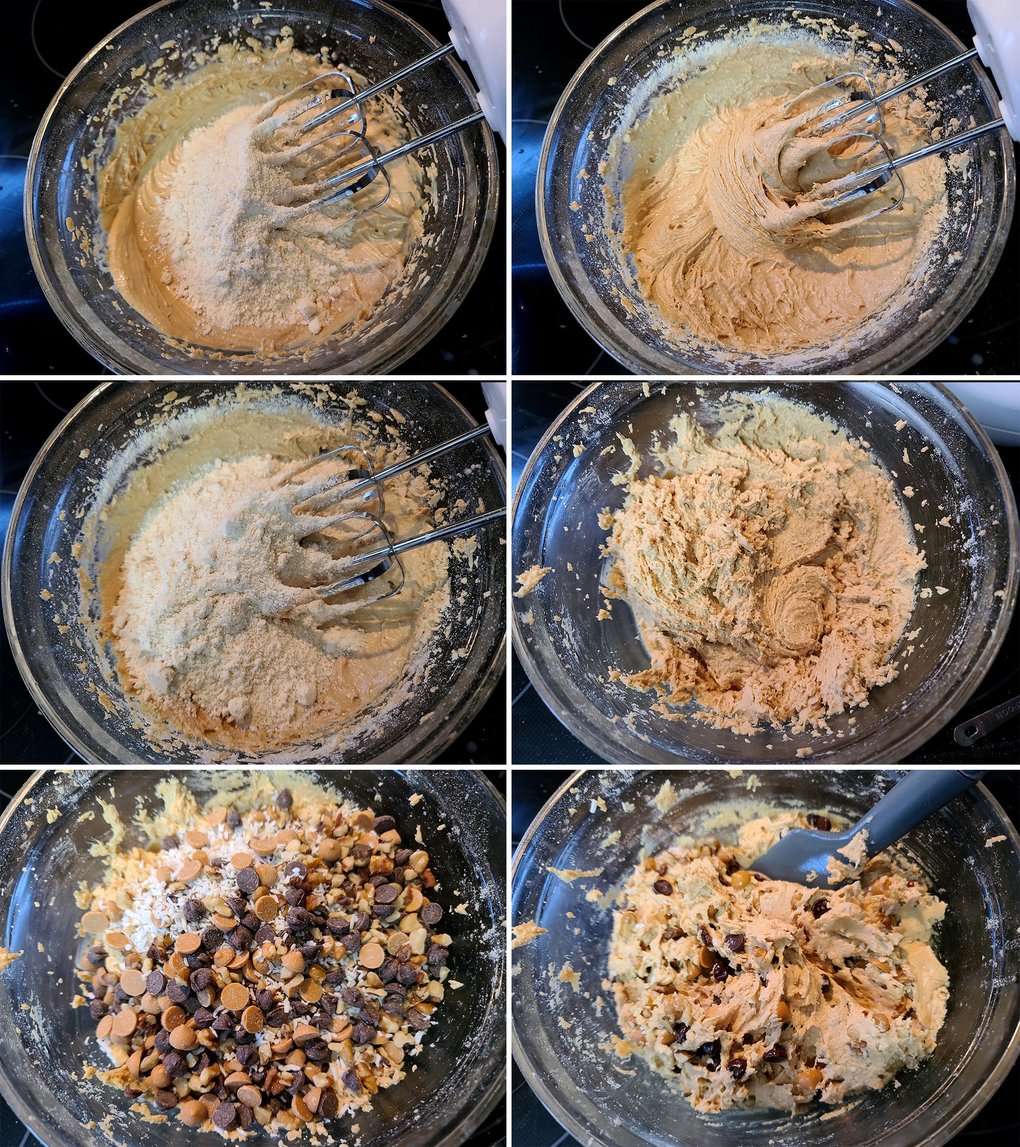 6 part image showing the dry ingredients being mixed into the wet ingredients, then the add ins being mixed in.