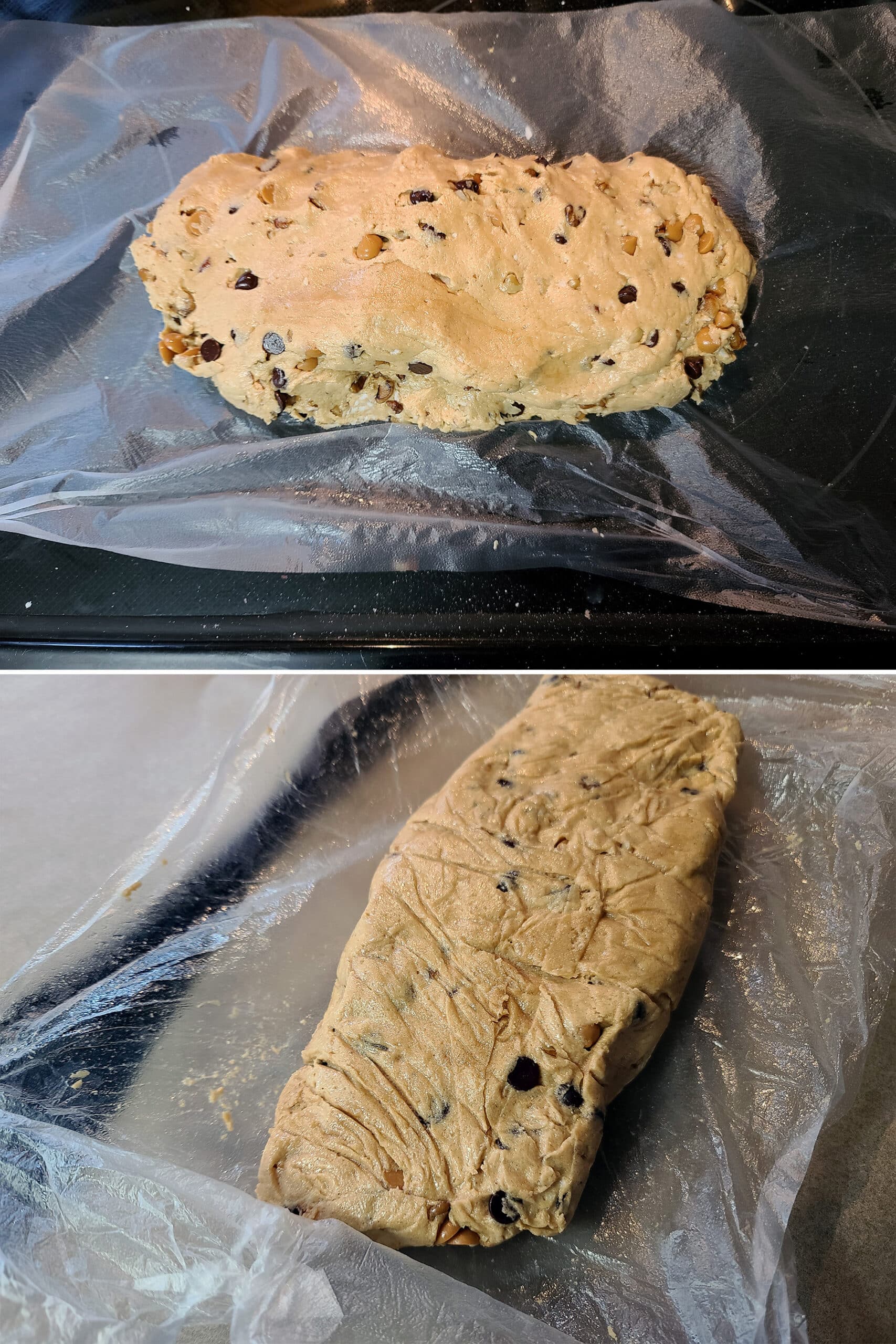 2 part image showing the keto cookie dough being wrapped in plastic wrap.