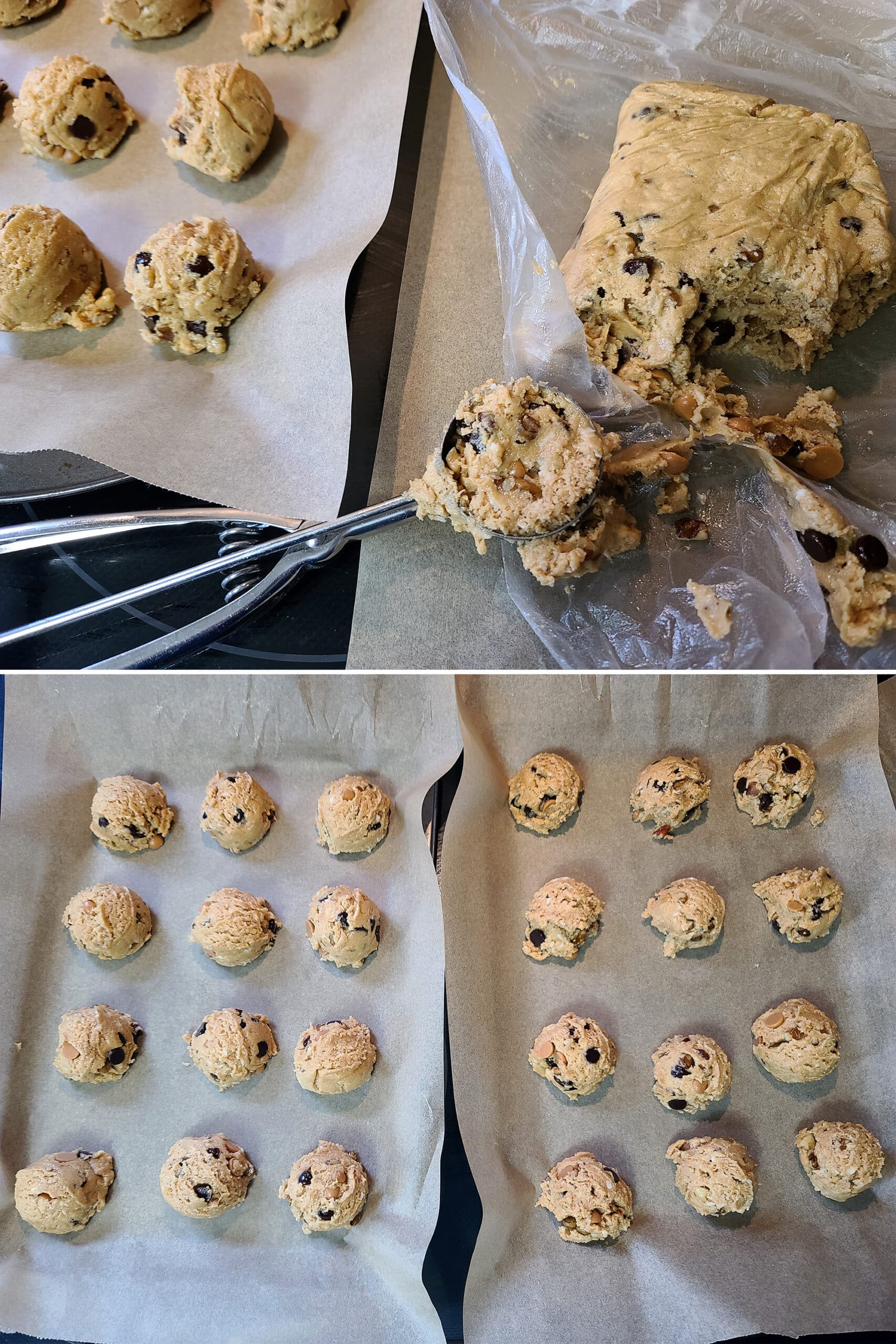 2 part image showing the dough being portioned out into balls with an ice cream scoop.