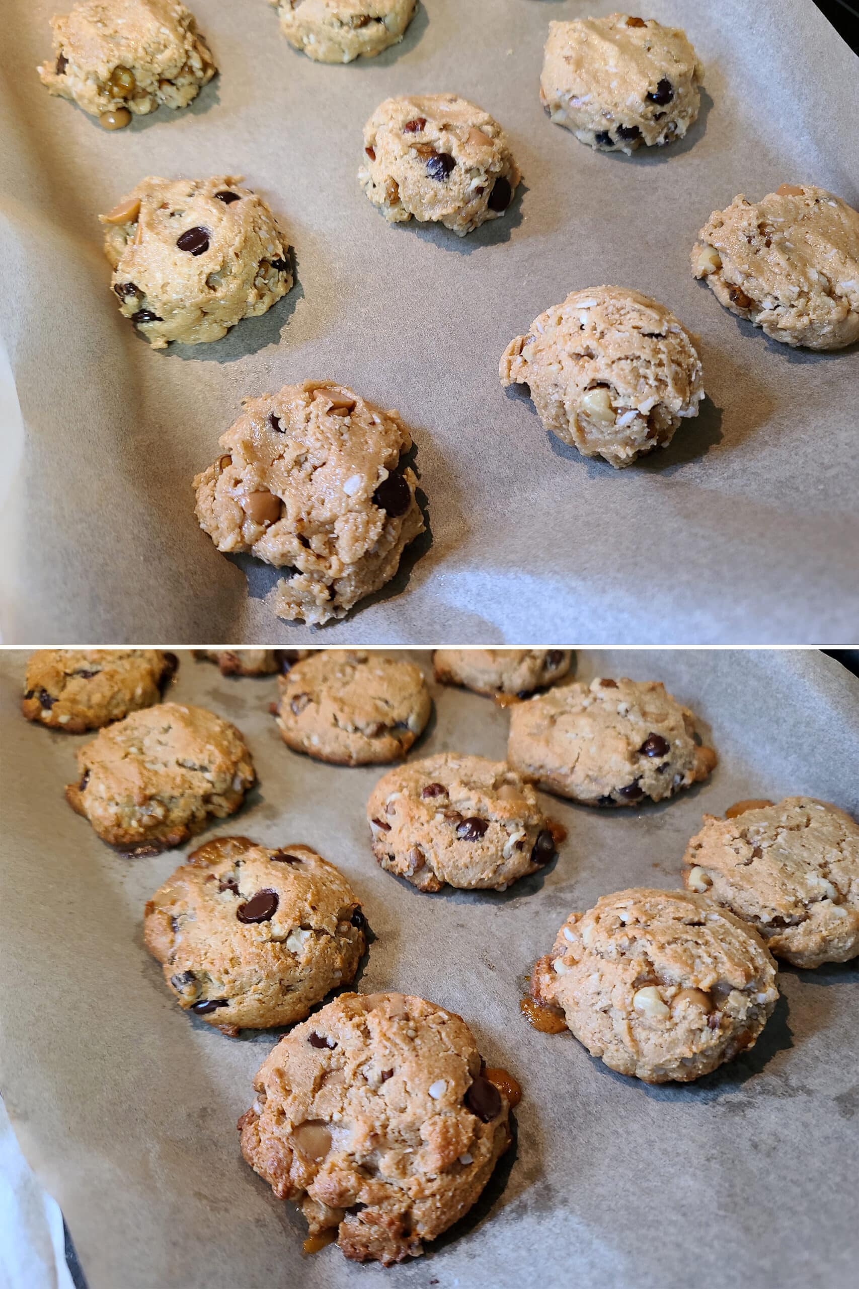 2 part image showing the baked keto cowboy cookies.