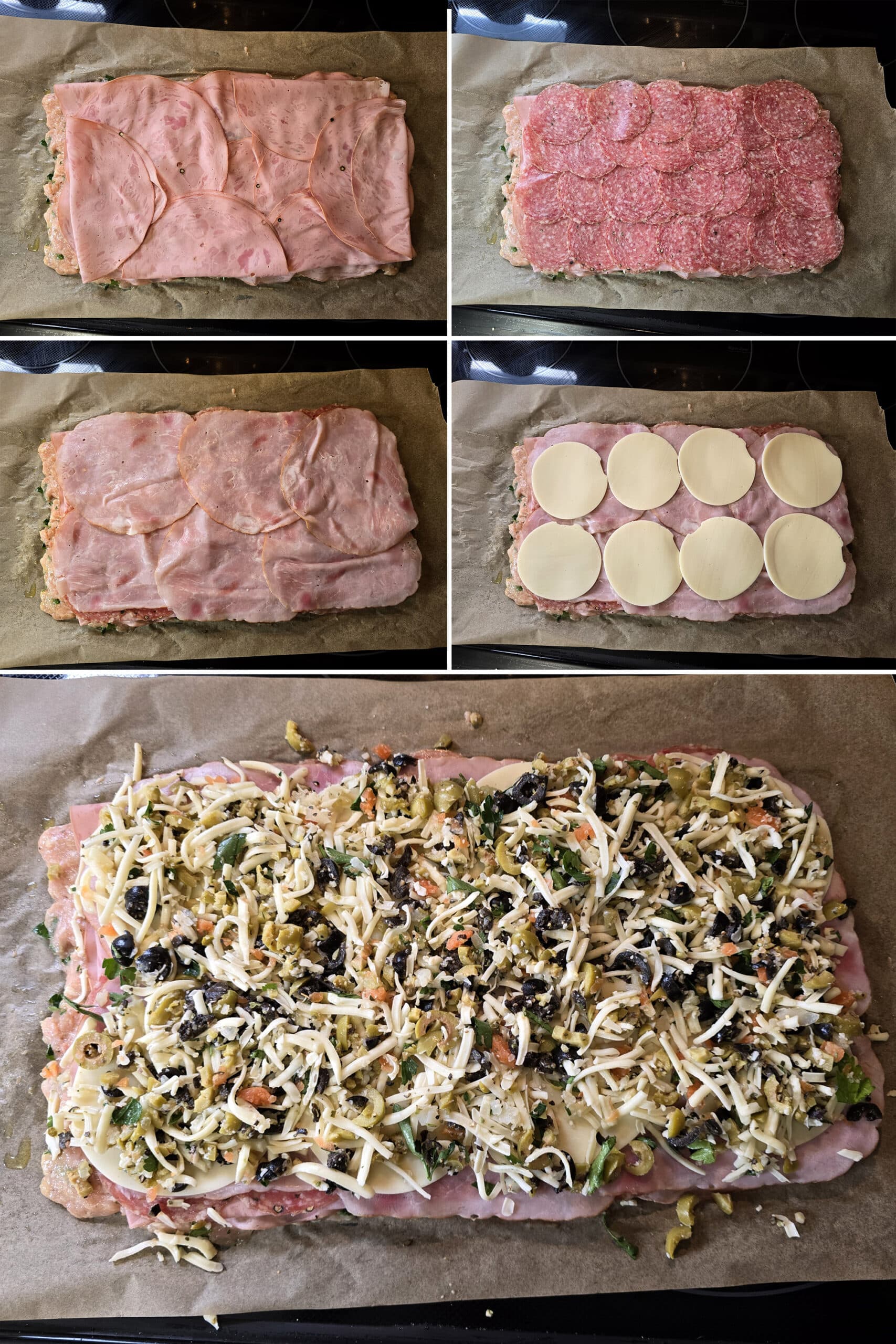 5 part image showing the chicken being layered with meats, cheese, and the olive cheese mixture.