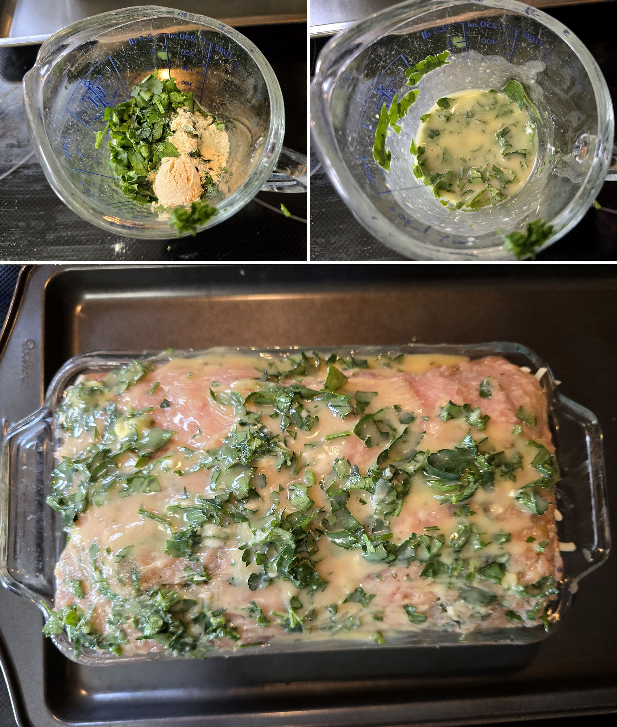The garlic and parsley butter mixture being mixed and poured over the muffuletta meatloaf.