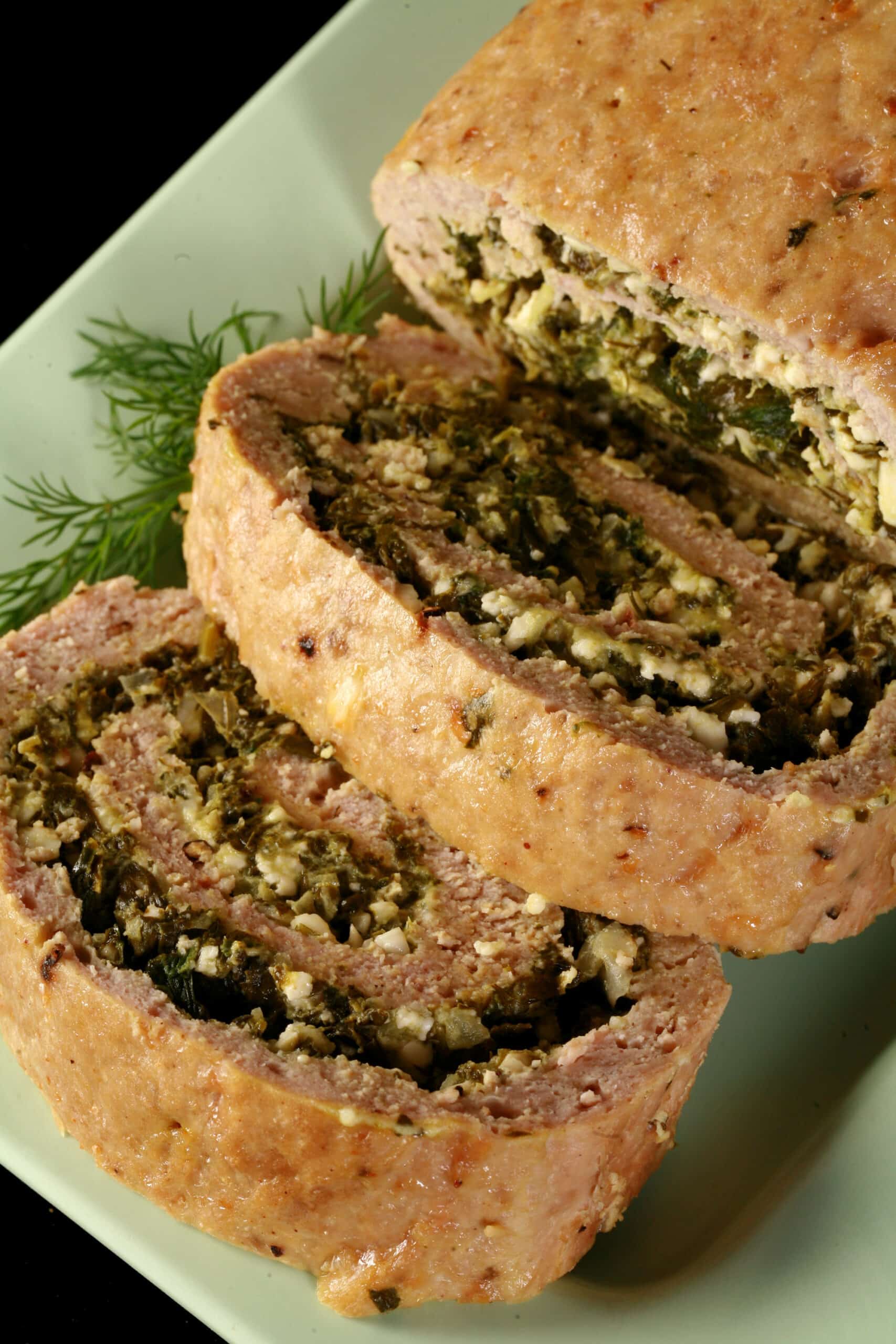 A rolled Spanakopita chicken meatloaf.