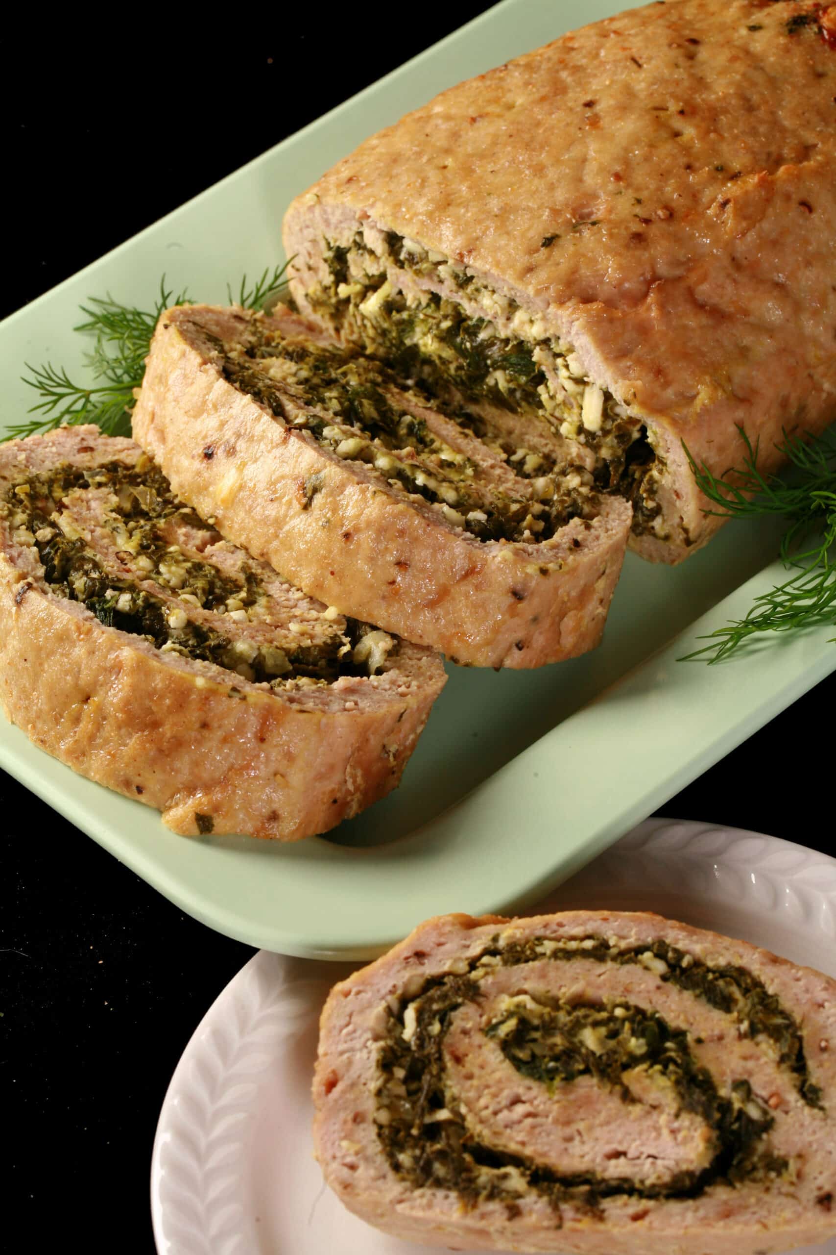 A rolled Spanakopita stuffed meatloaf.