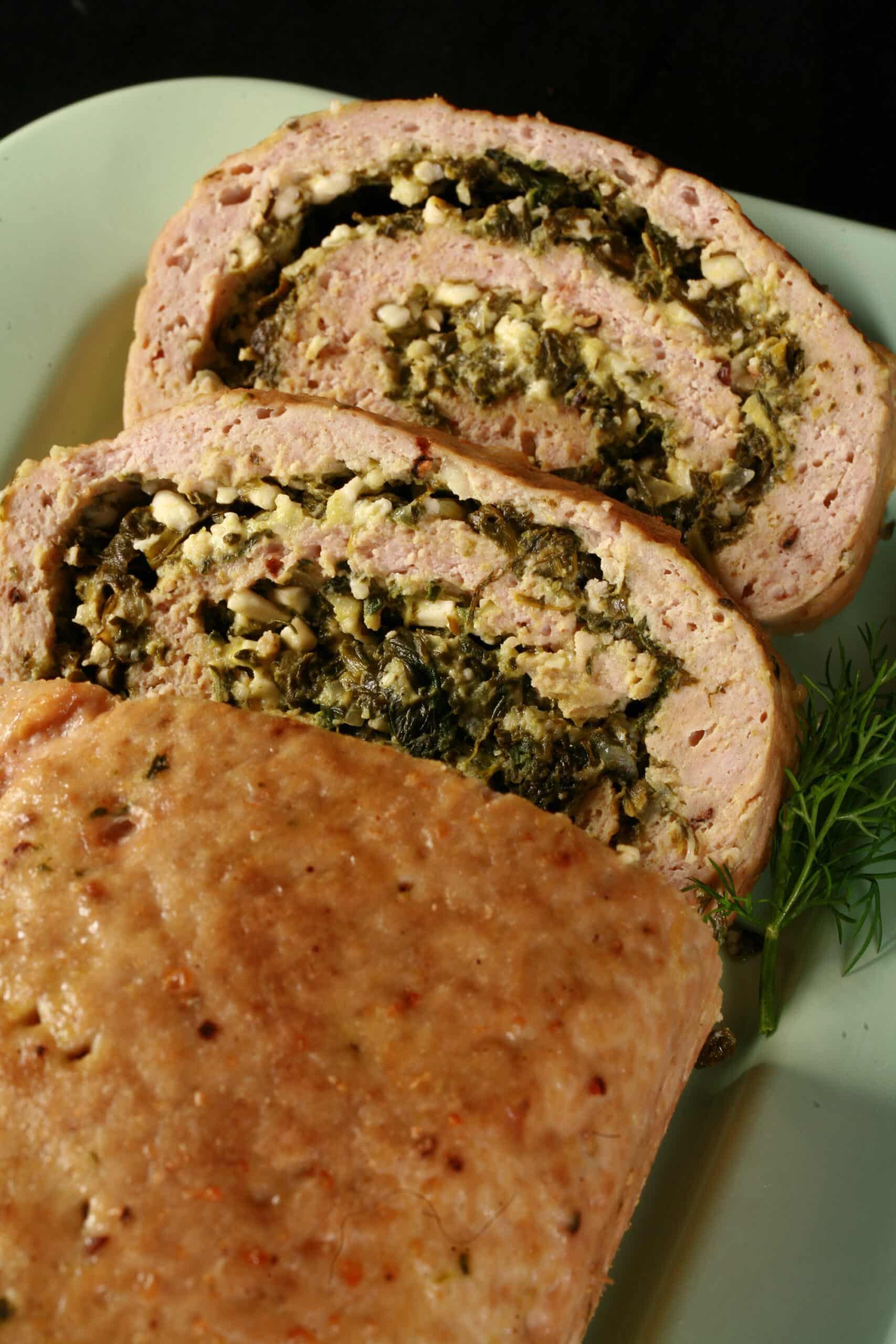A rolled Spanakopita meatloaf.