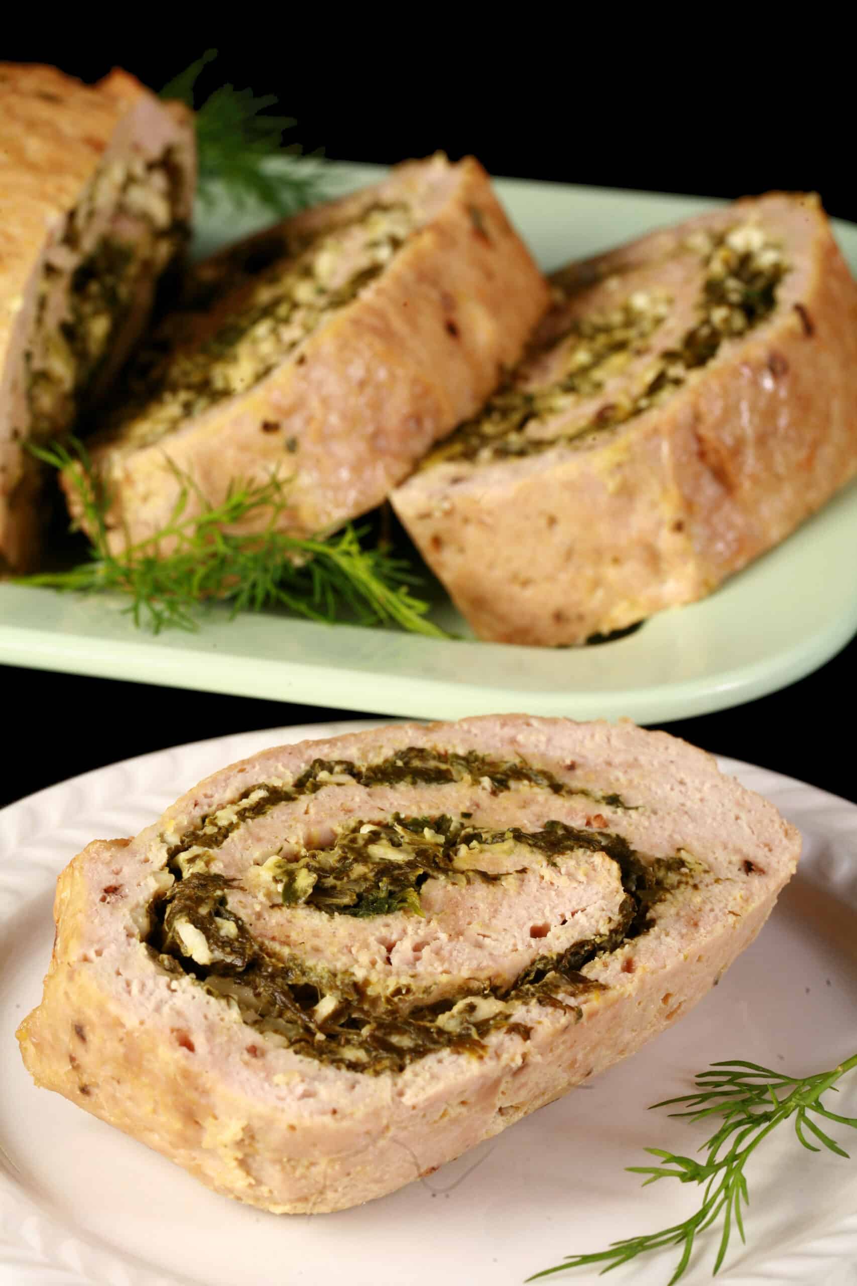 A rolled Spanakopita chicken meatloaf.