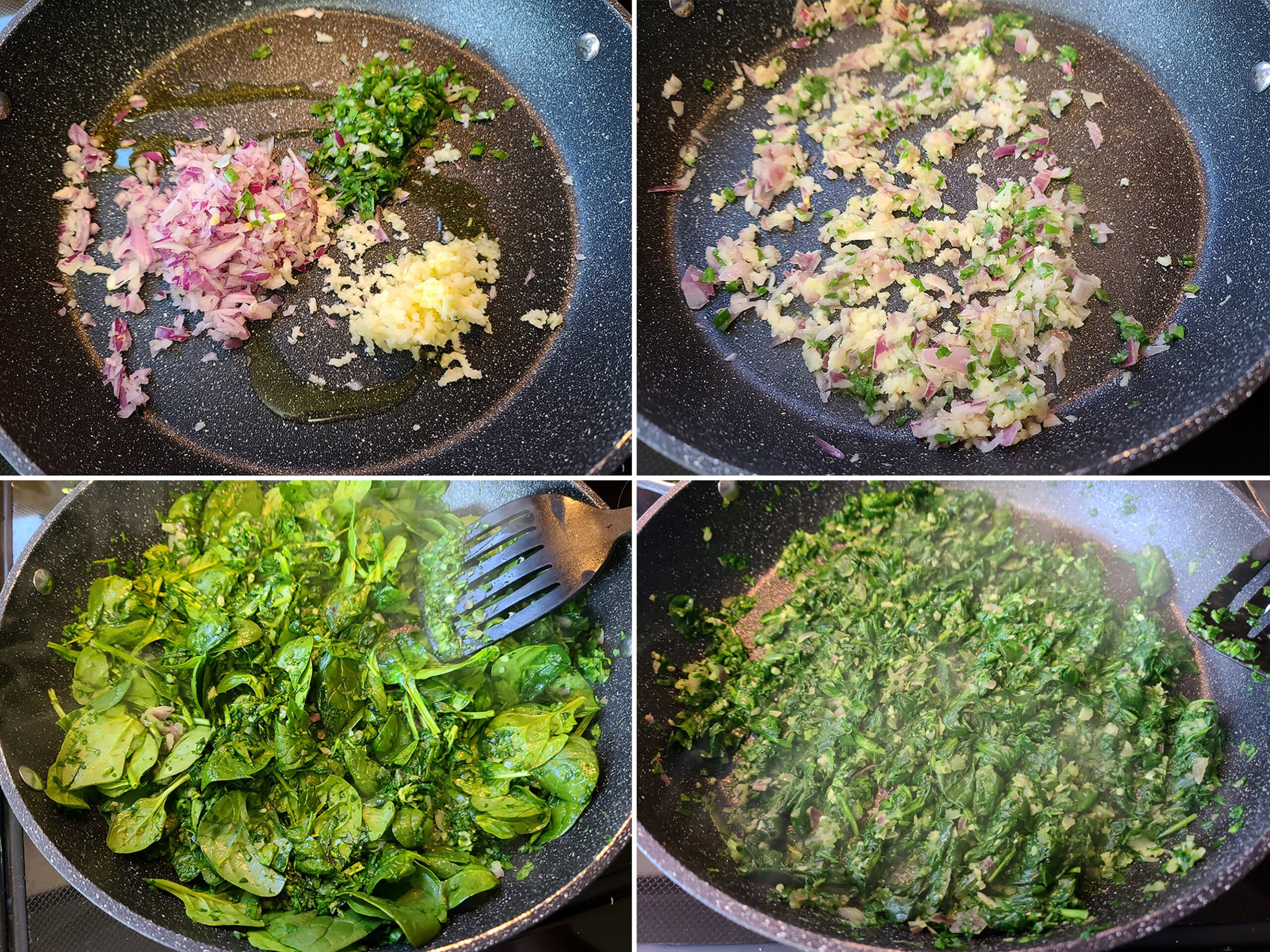 4 part image showing the onions, garlic, and spinach cooking down in a pan.