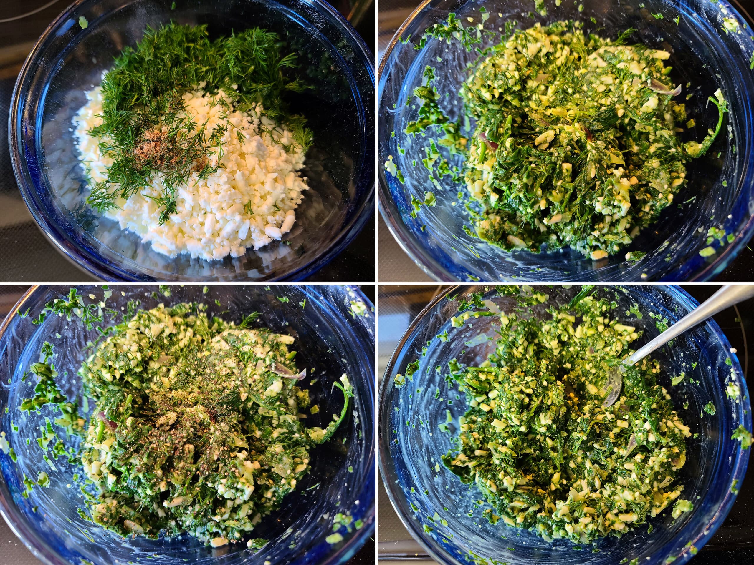 4 part image showing the cooked spinach mixture being mixed with the feta and seasoned.