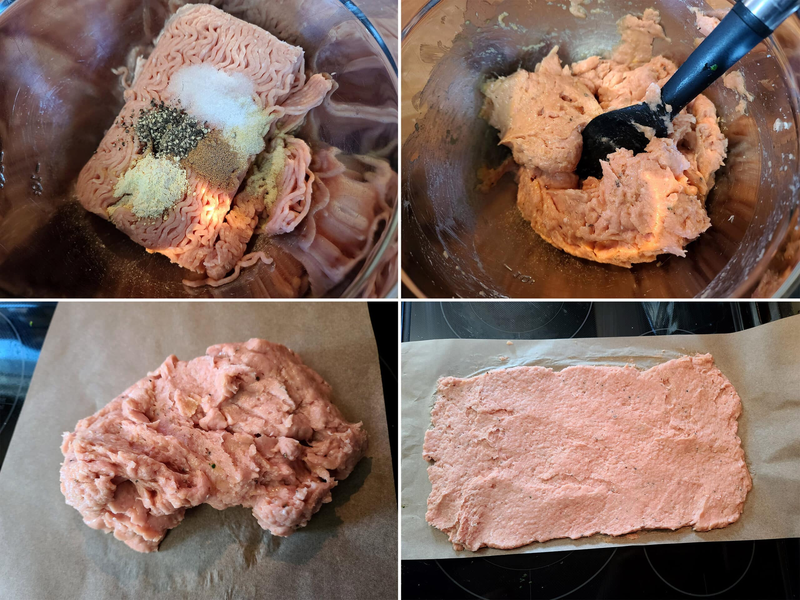 4 part image showing the chicken meatloaf mixture being mixed together and spread over parchment.