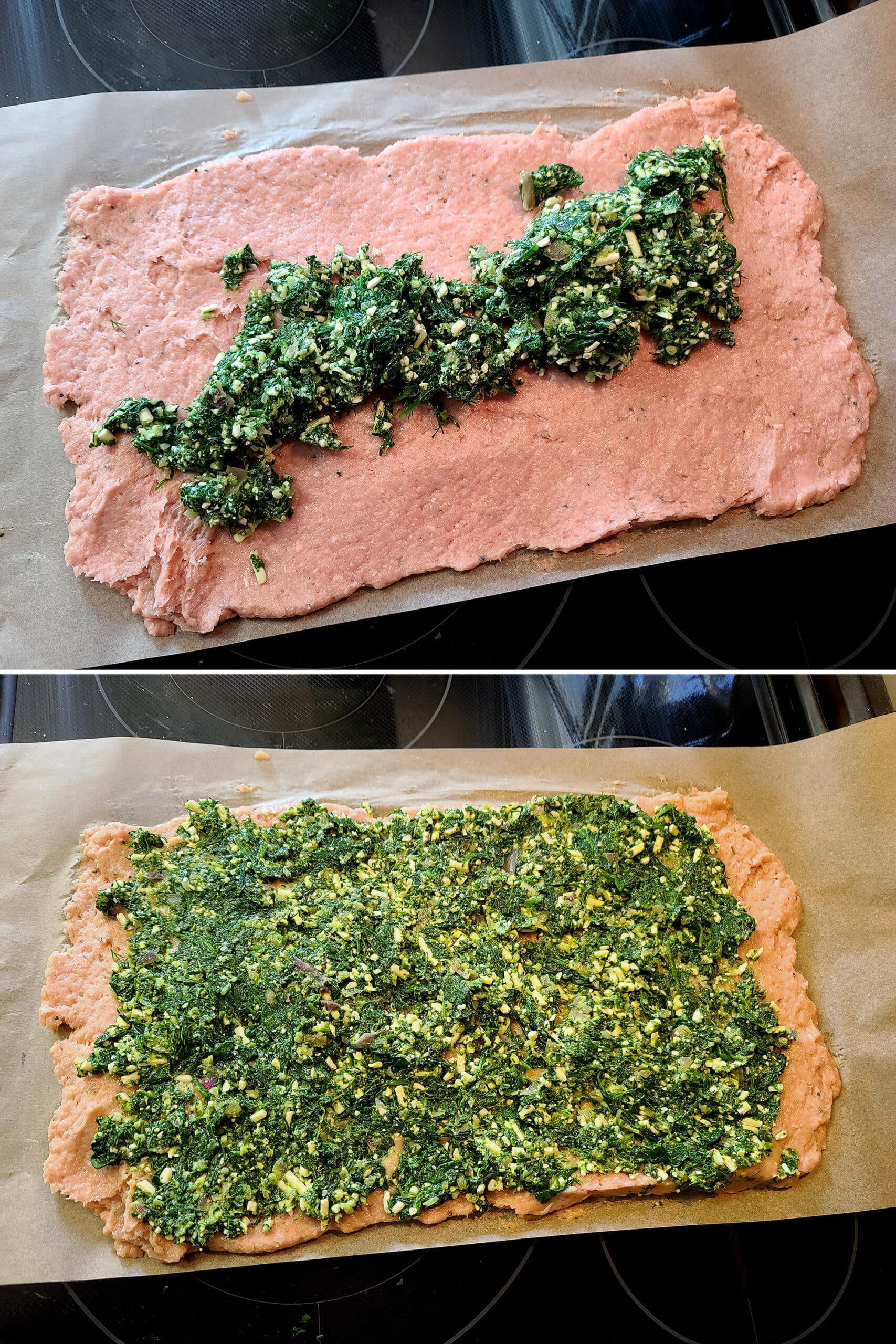 2 part image showing the spinach mixture being spread over the chicken mixture.