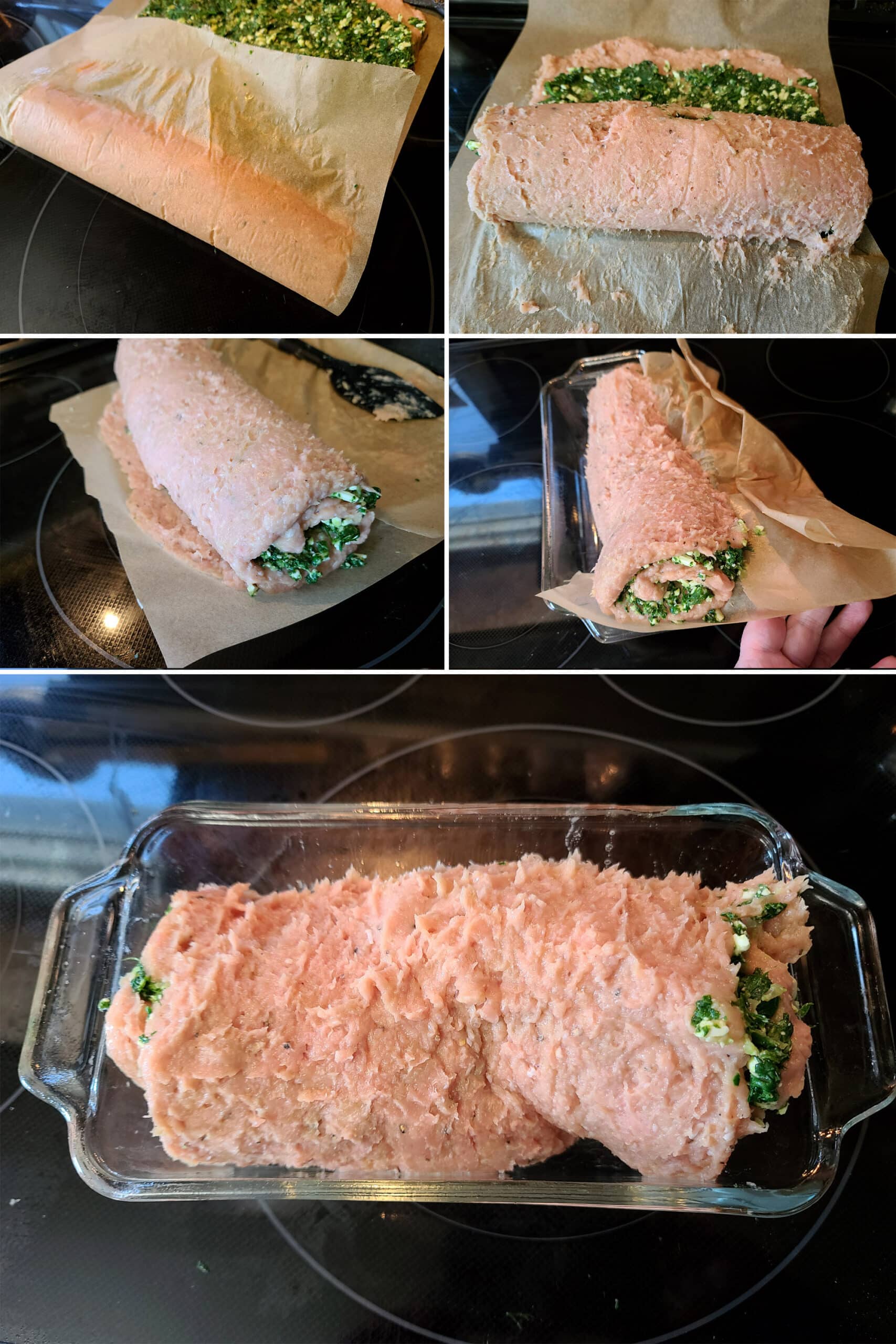 5 part image showing the chicken meatloaf being rolled up and rolled into the loaf pan.