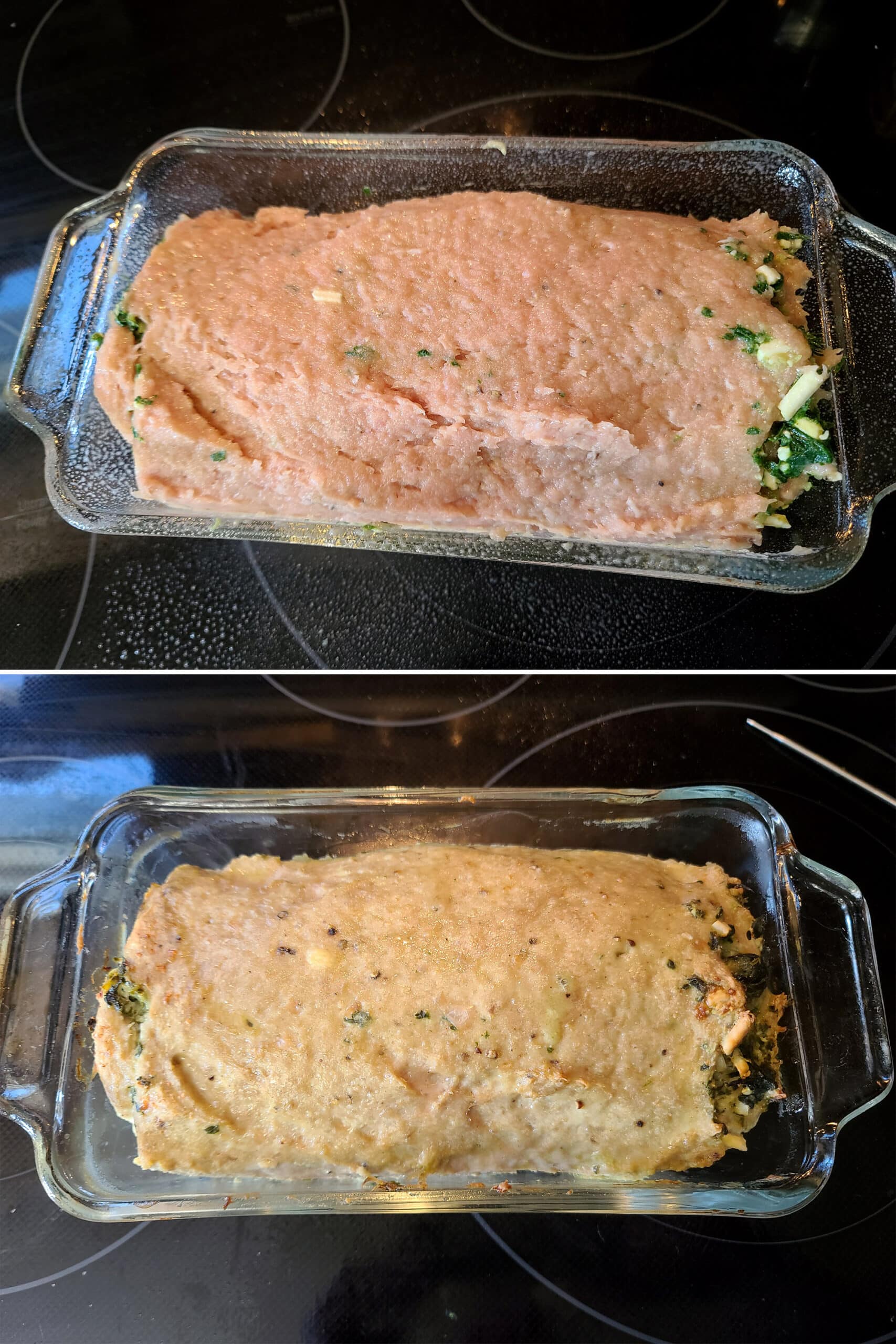 2 part image showing the spanakopita meatloaf before and after baking.