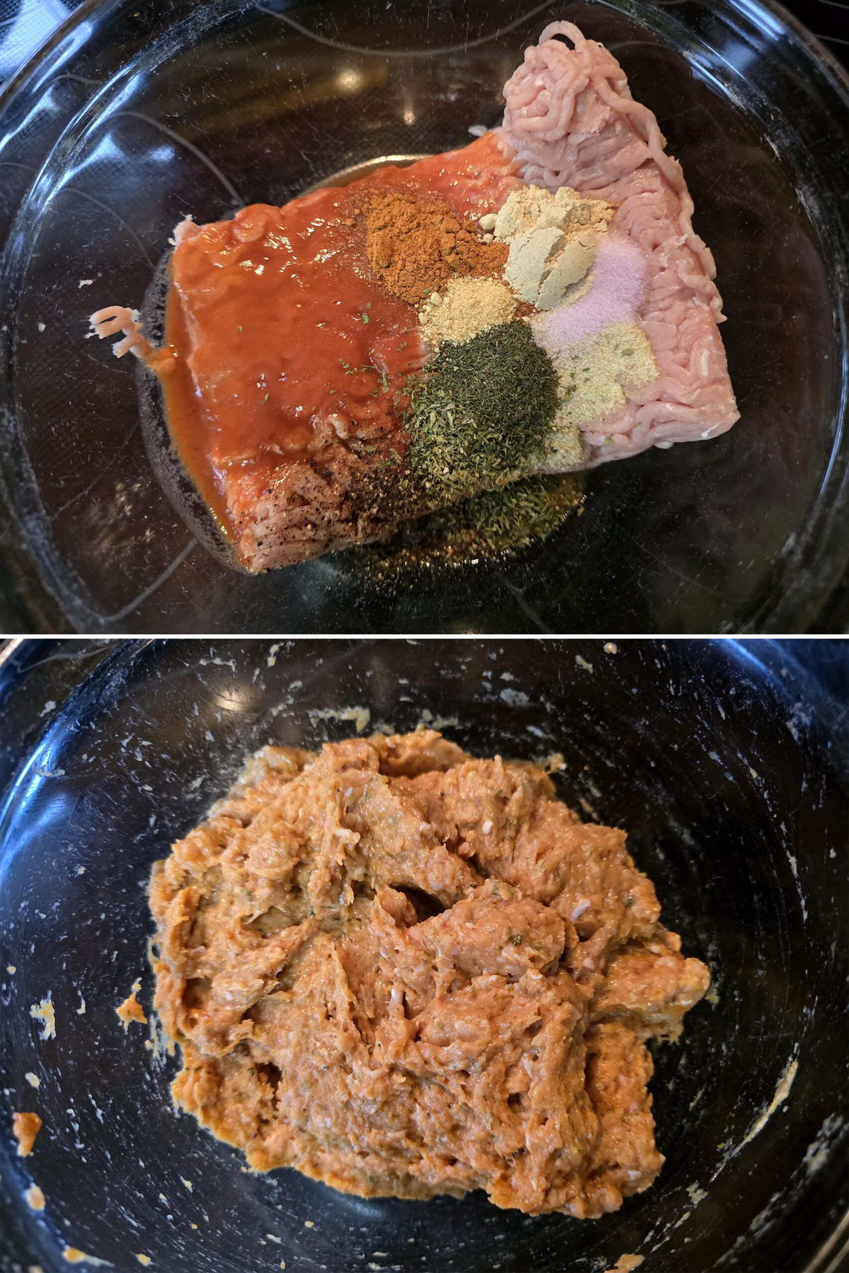 2 part image showing all of the jerky ingredients being mixed in a bowl.