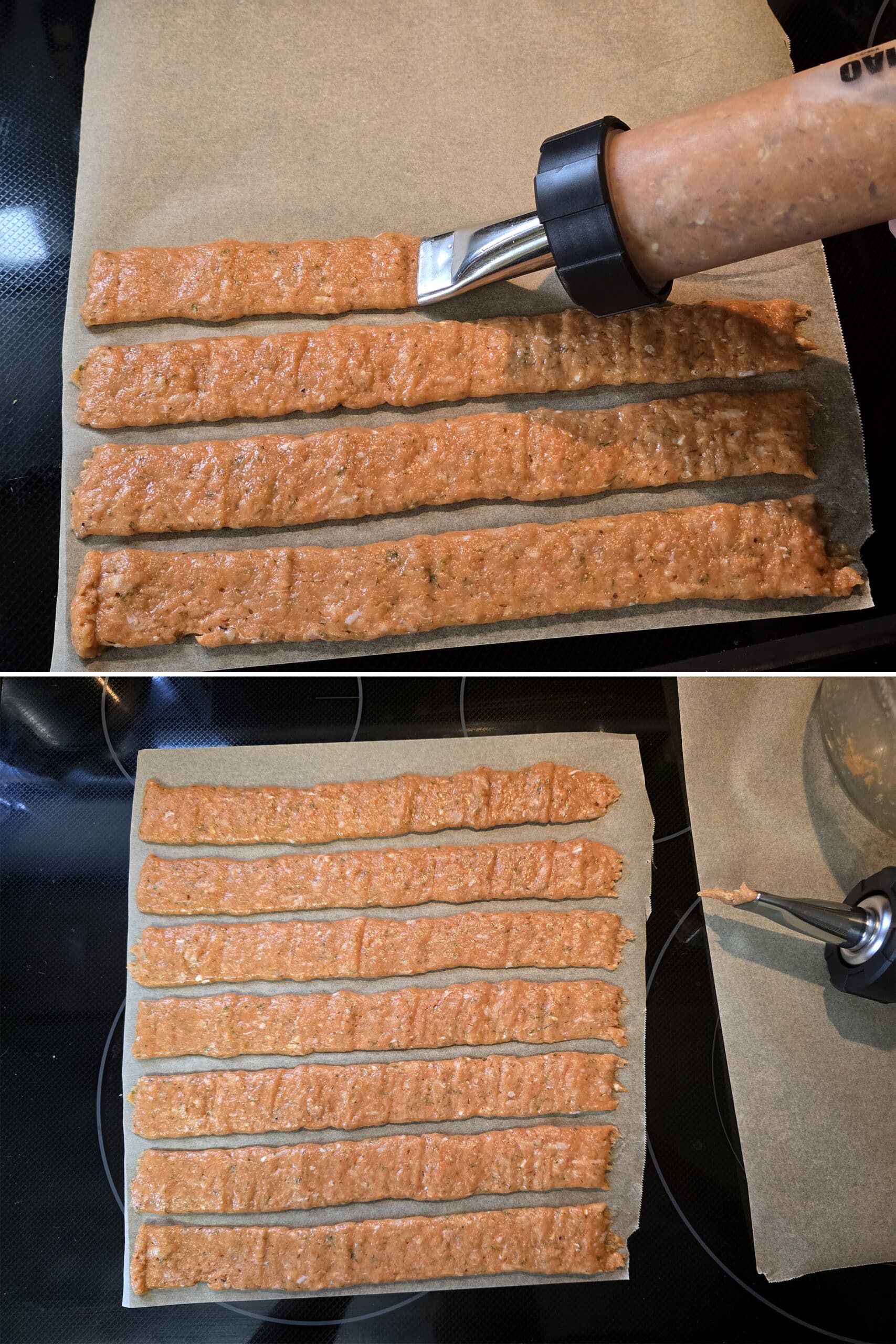 2 part image showing the buffalo chicken mixture being piped onto parchment paper.