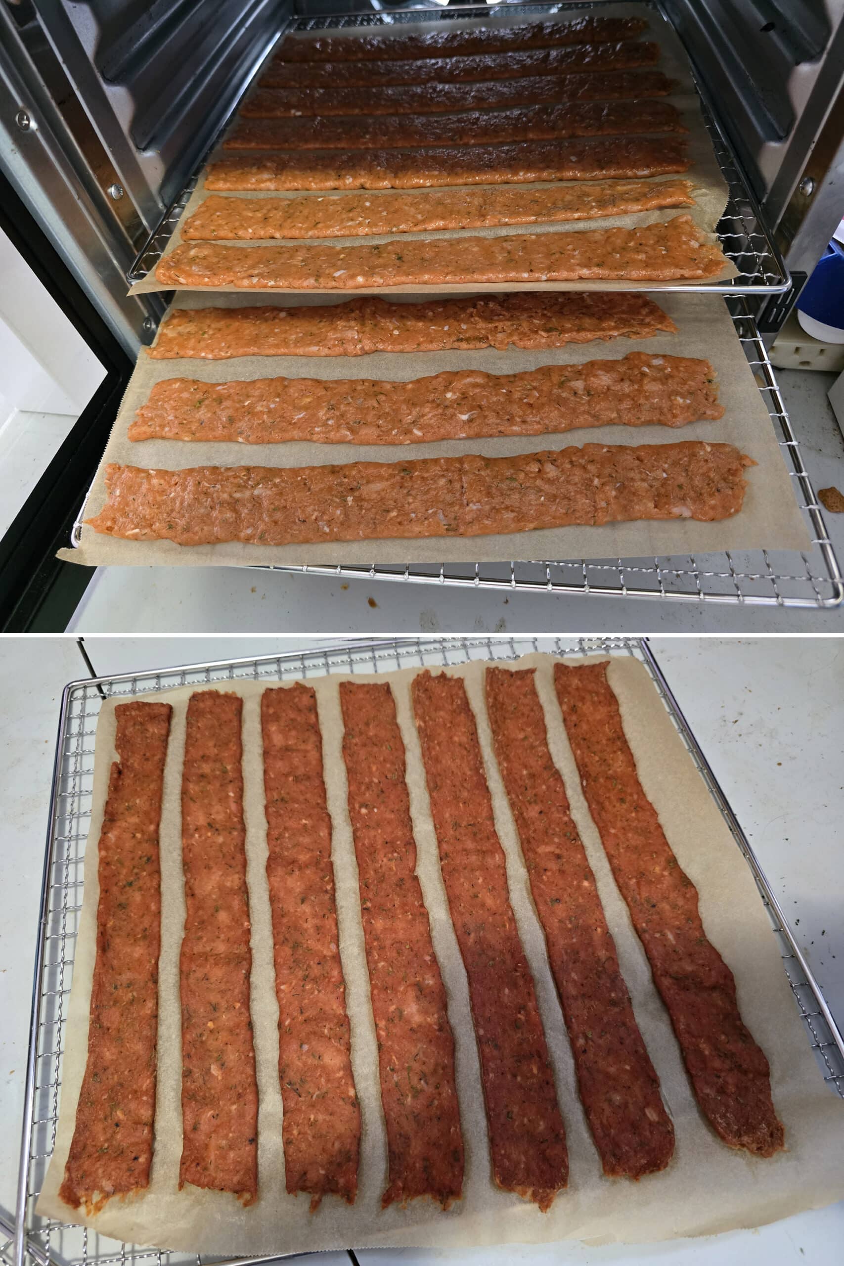 2 part image showing the buffalo wing chicken jerky before and after the first two hours of dehydrating.