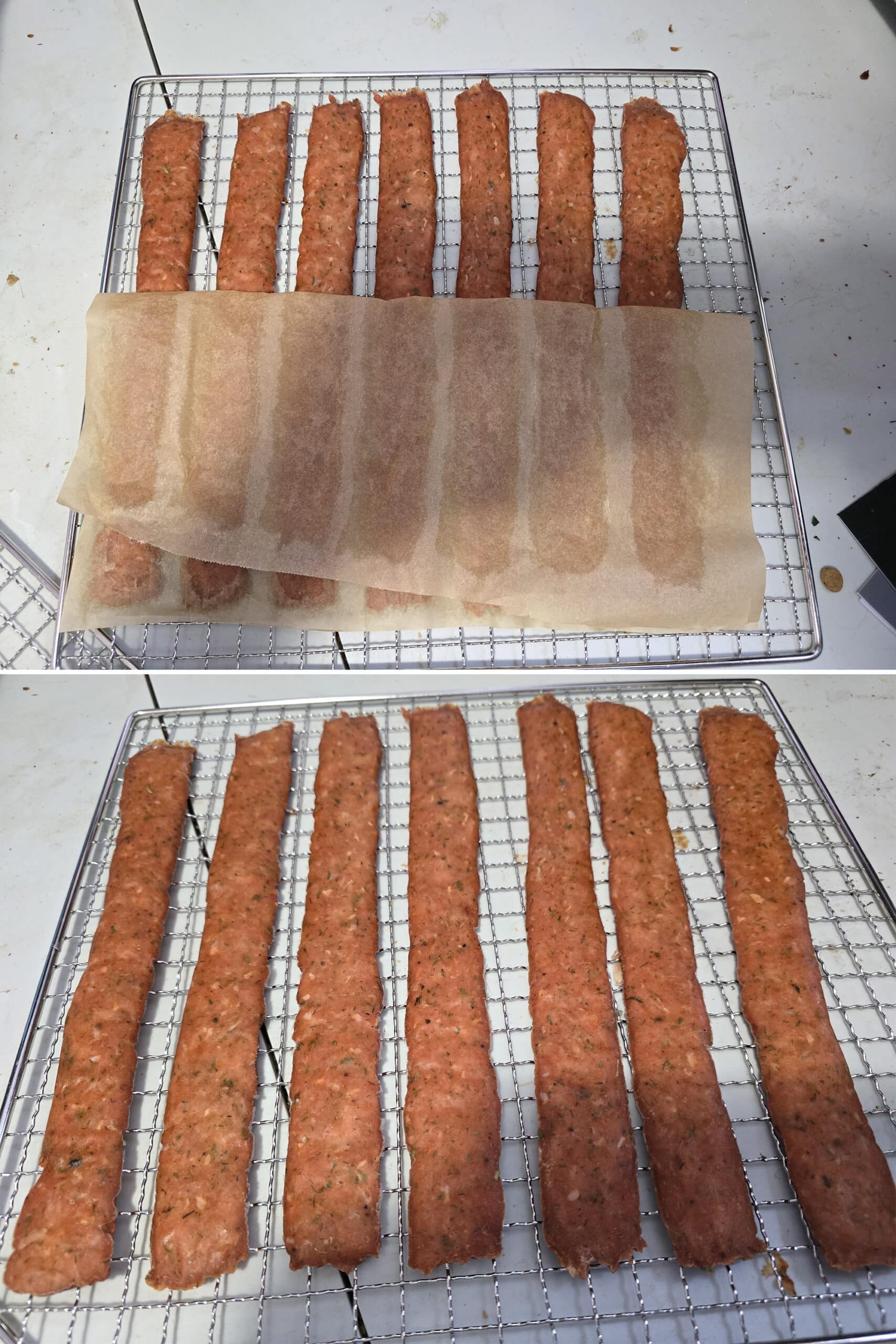 2 part image showing the buffalo chicken jerky being removed from parchment and returned to the wire rack.