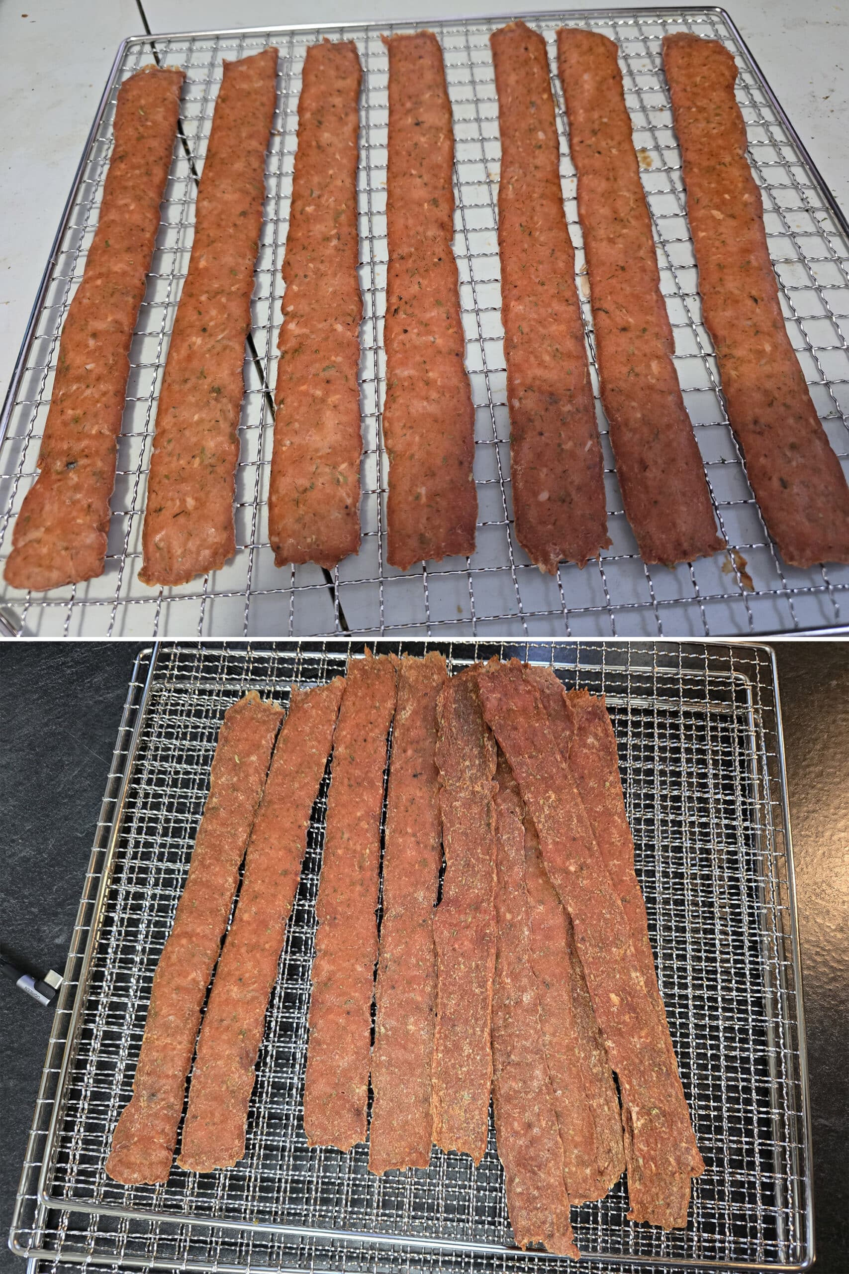 2 part image showing the buffalo chicken jerky before and after the final drying.