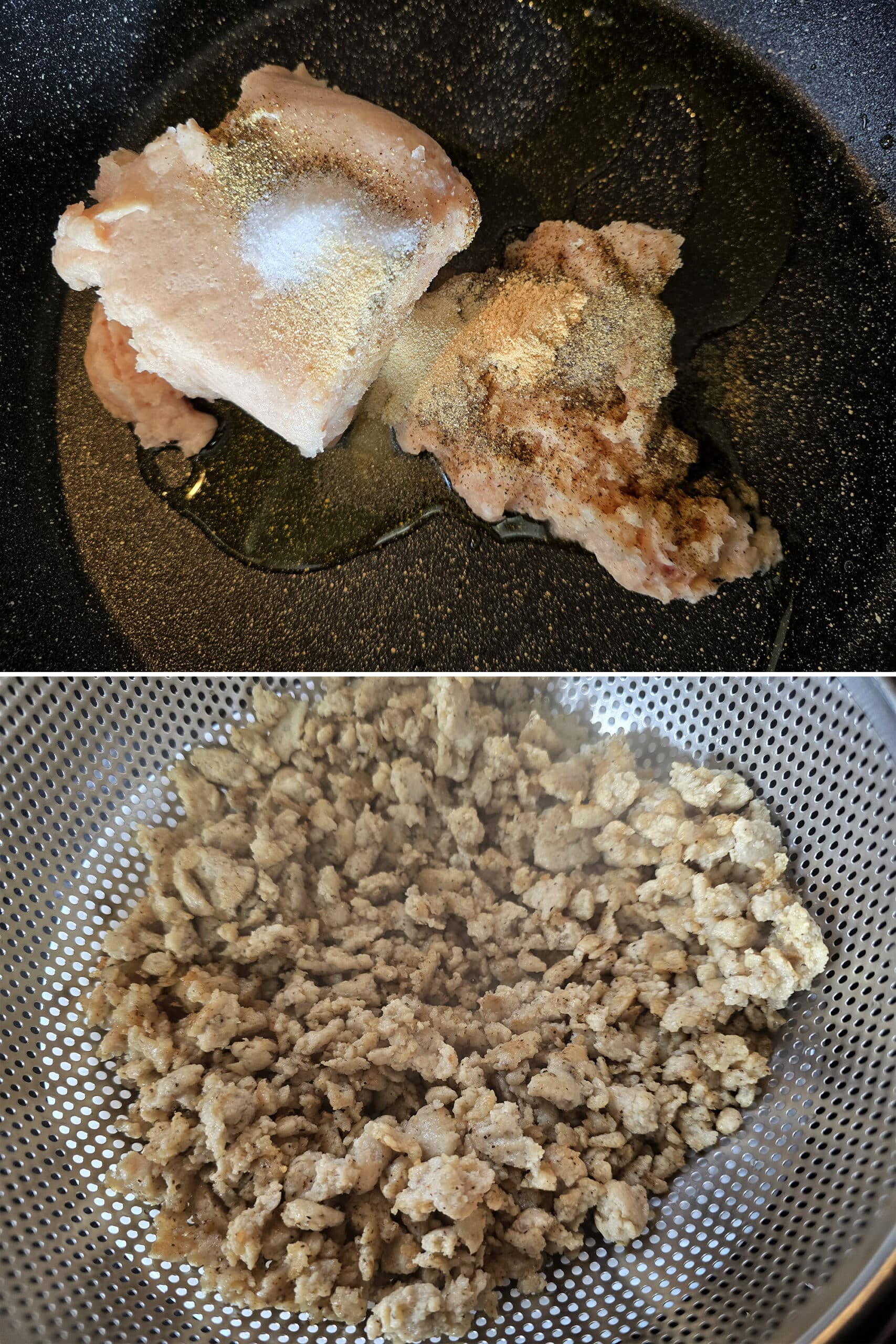 2 part image showing ground meat and spices being cooked then drained.