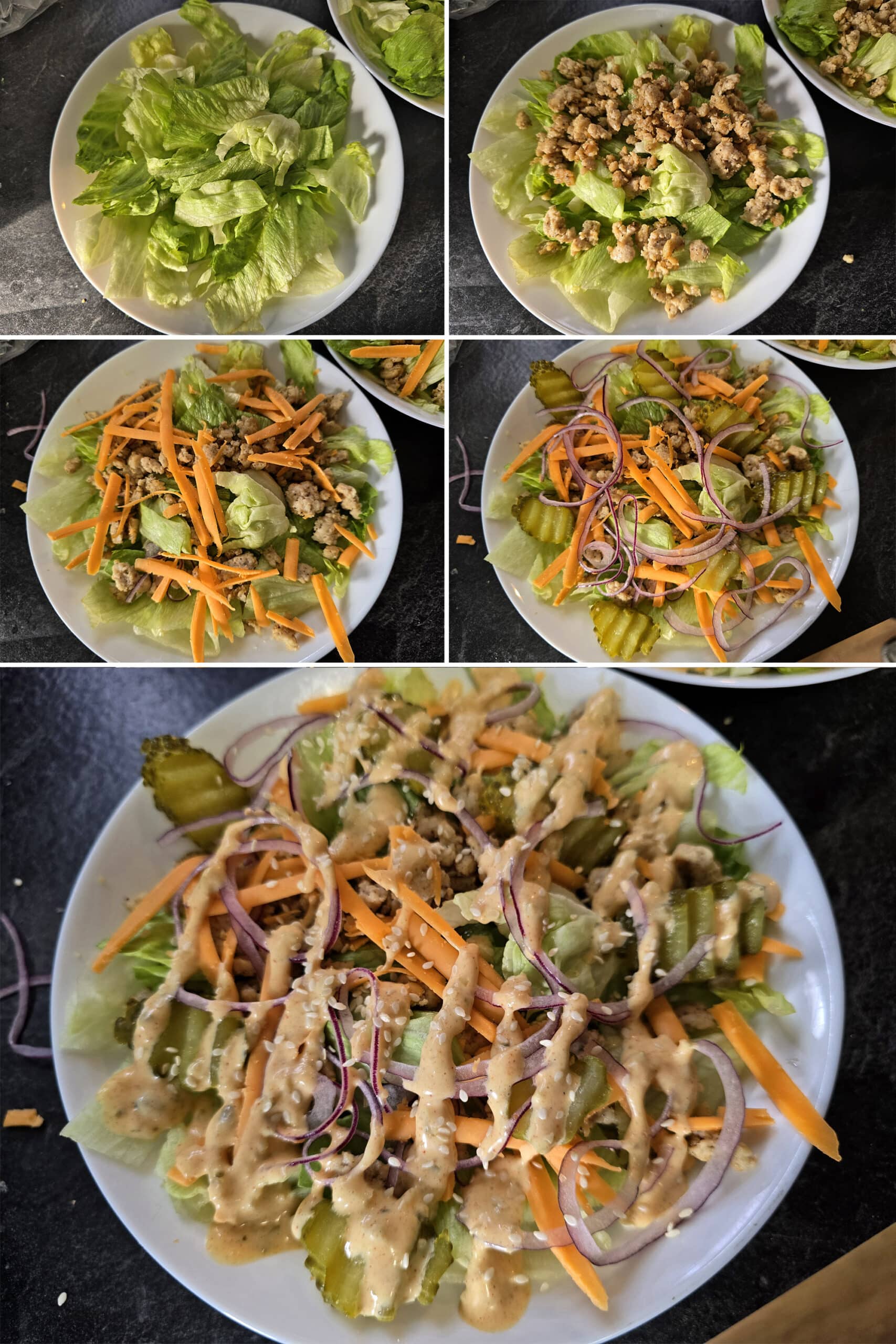 5 part image showing 2 big mac salads being assembled an dressed.