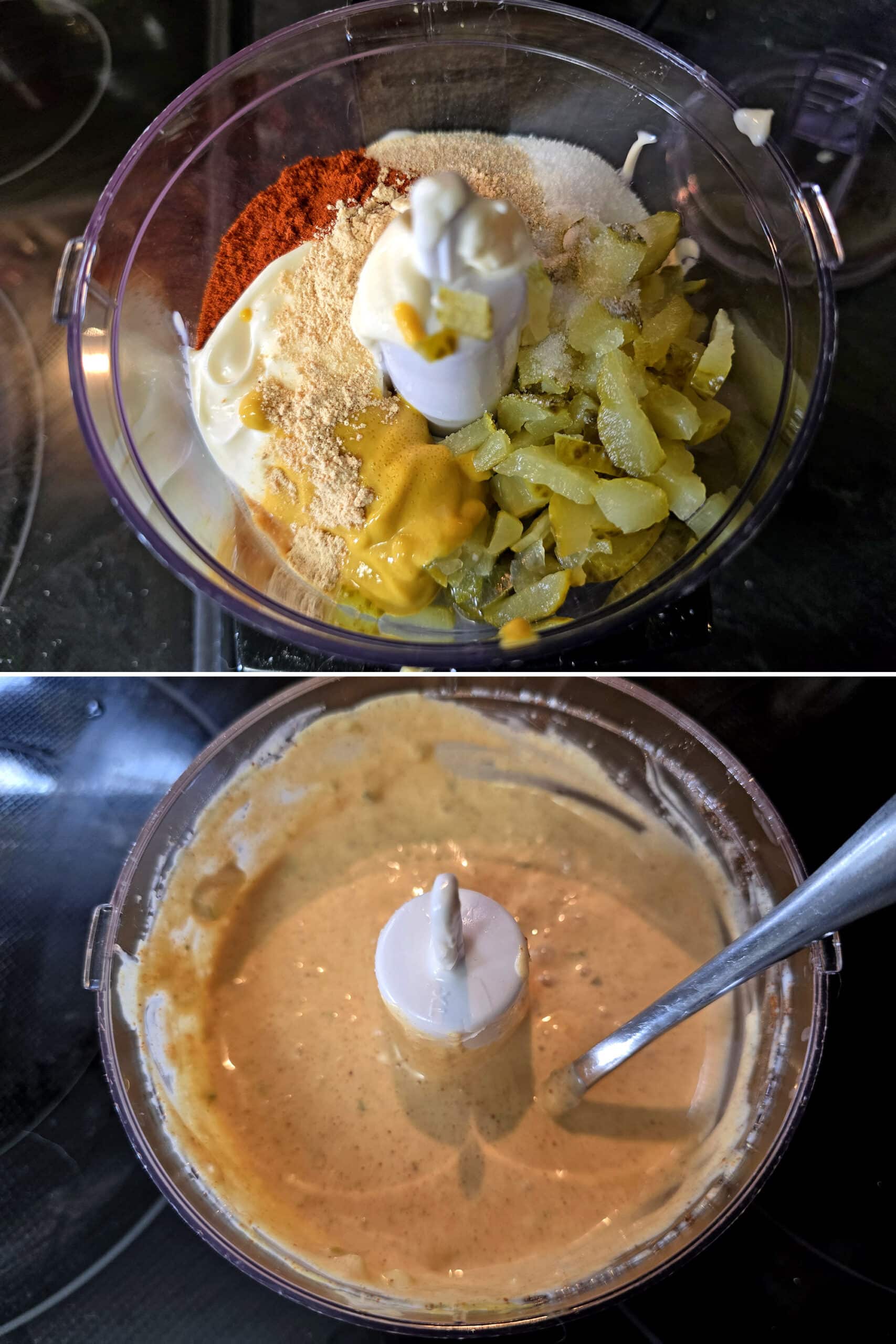 2 part image showing the low carb copycat big mac sauce being made in a mini food processor.