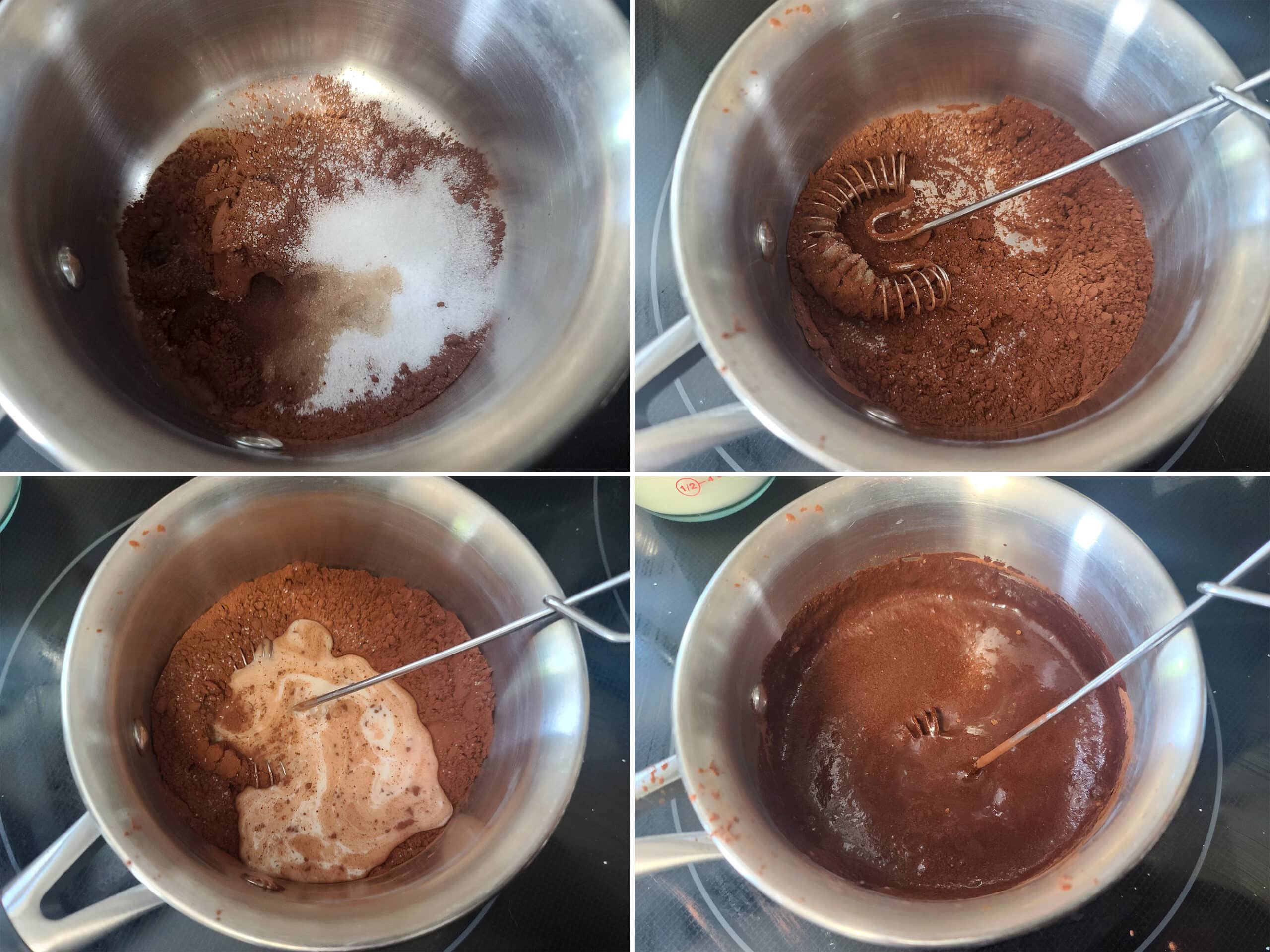 4 part image showing a small amount of almond milk being mixed in with the cocoa powder and allulose, until smooth.