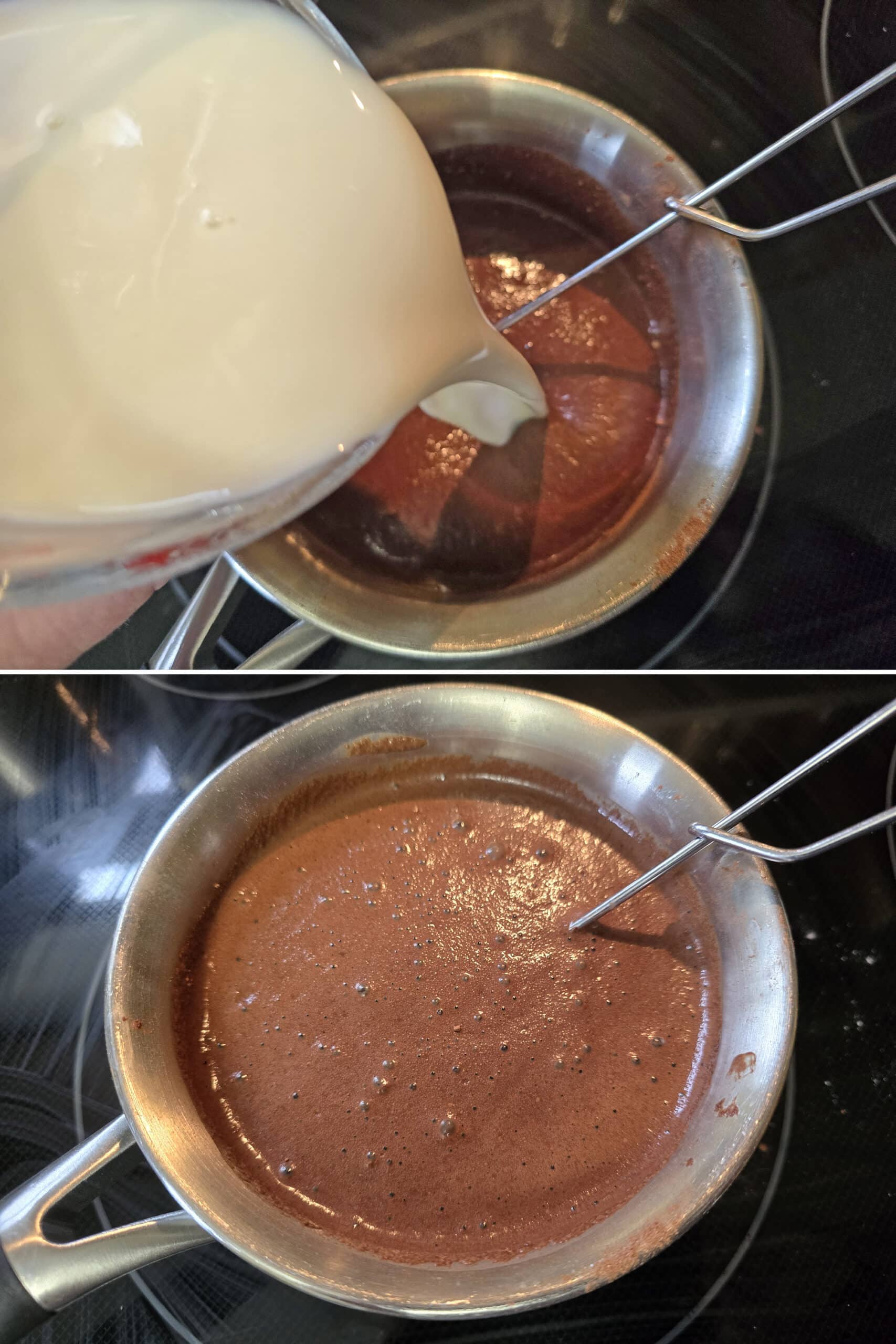 2 part image showing the rest of the almond milk being added to the saucepan of cocoa mix.