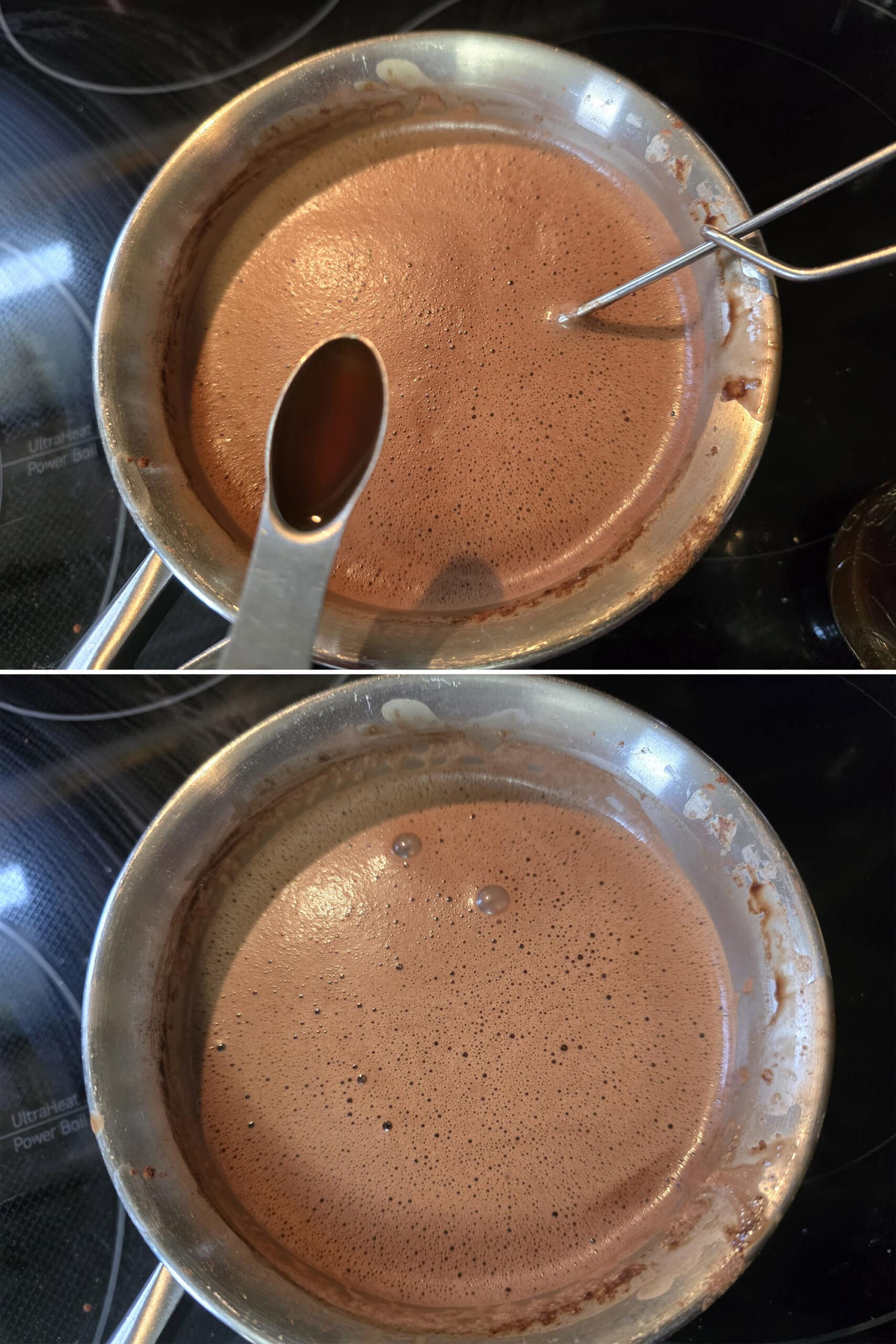 2 part image showing the vanilla being added to the pot of sugar free hot cocoa.