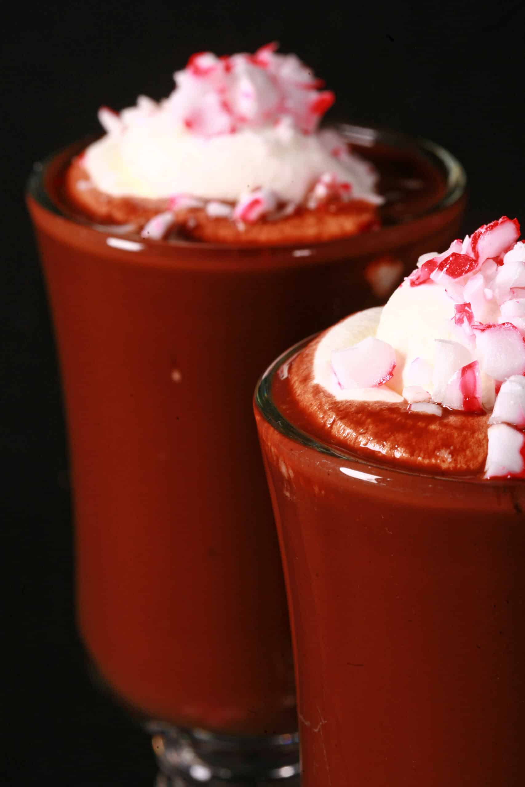 2 glass mugs of sugar free peppermint hot chocolate topped with whipped cream and crushed sugar free peppermint candies.