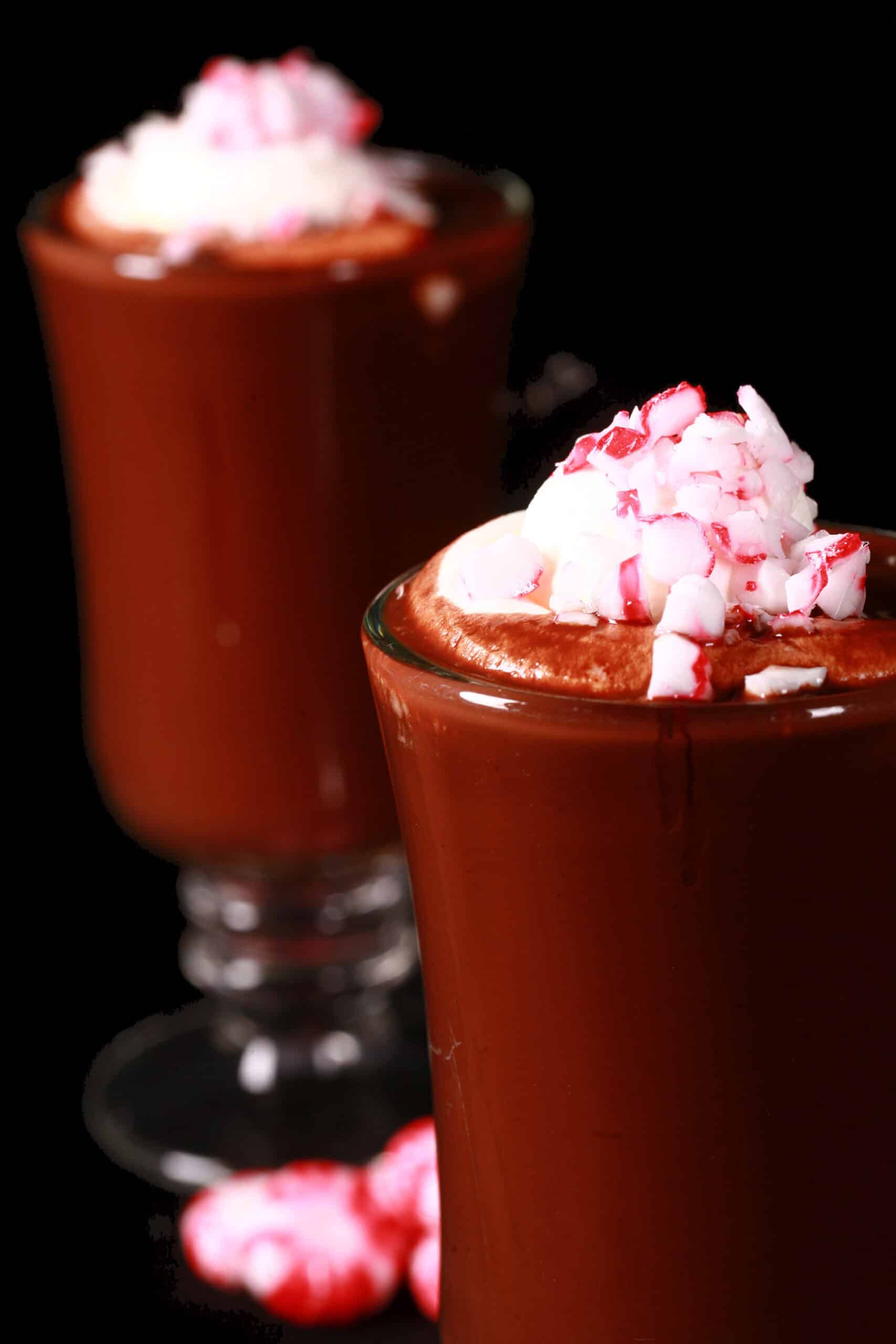 2 glass mugs of sugar free peppermint hot cocoa topped with whipped cream and crushed sugar free peppermint candies.