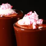 2 glass mugs of low carb peppermint hot chocolate topped with whipped cream and crushed sugar free peppermint candies.