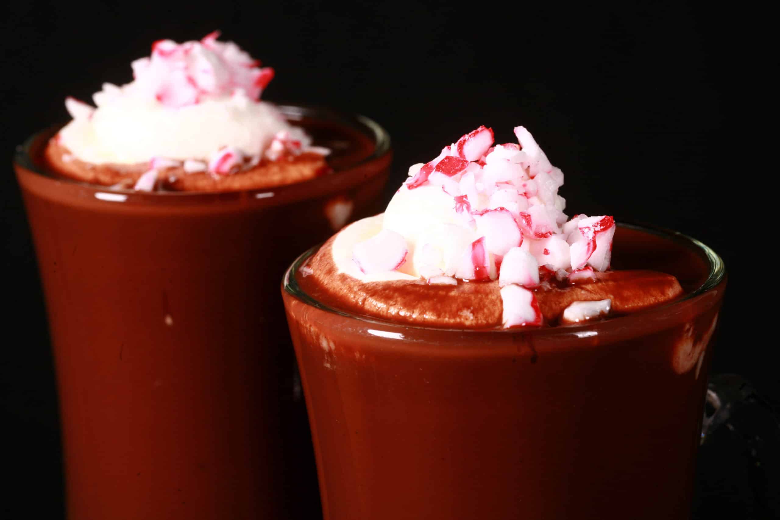 2 glass mugs of low carb peppermint hot chocolate topped with whipped cream and crushed sugar free peppermint candies.