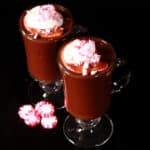 2 glass mugs of sugar free peppermint hot chocolate topped with whipped cream and crushed sugar free peppermint candies.