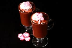 2 glass mugs of sugar free peppermint hot chocolate topped with whipped cream and crushed sugar free peppermint candies.