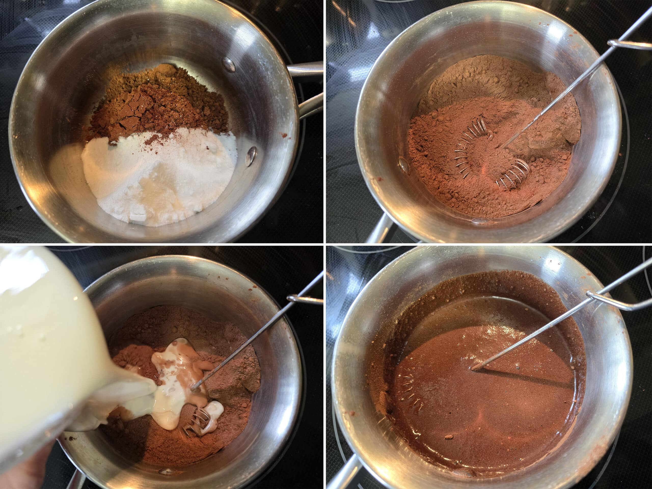 4 part image showing cocoa powder and allulose being mixed together in a small pot, then a small amount of almond milk being whisked in to form a thick paste.