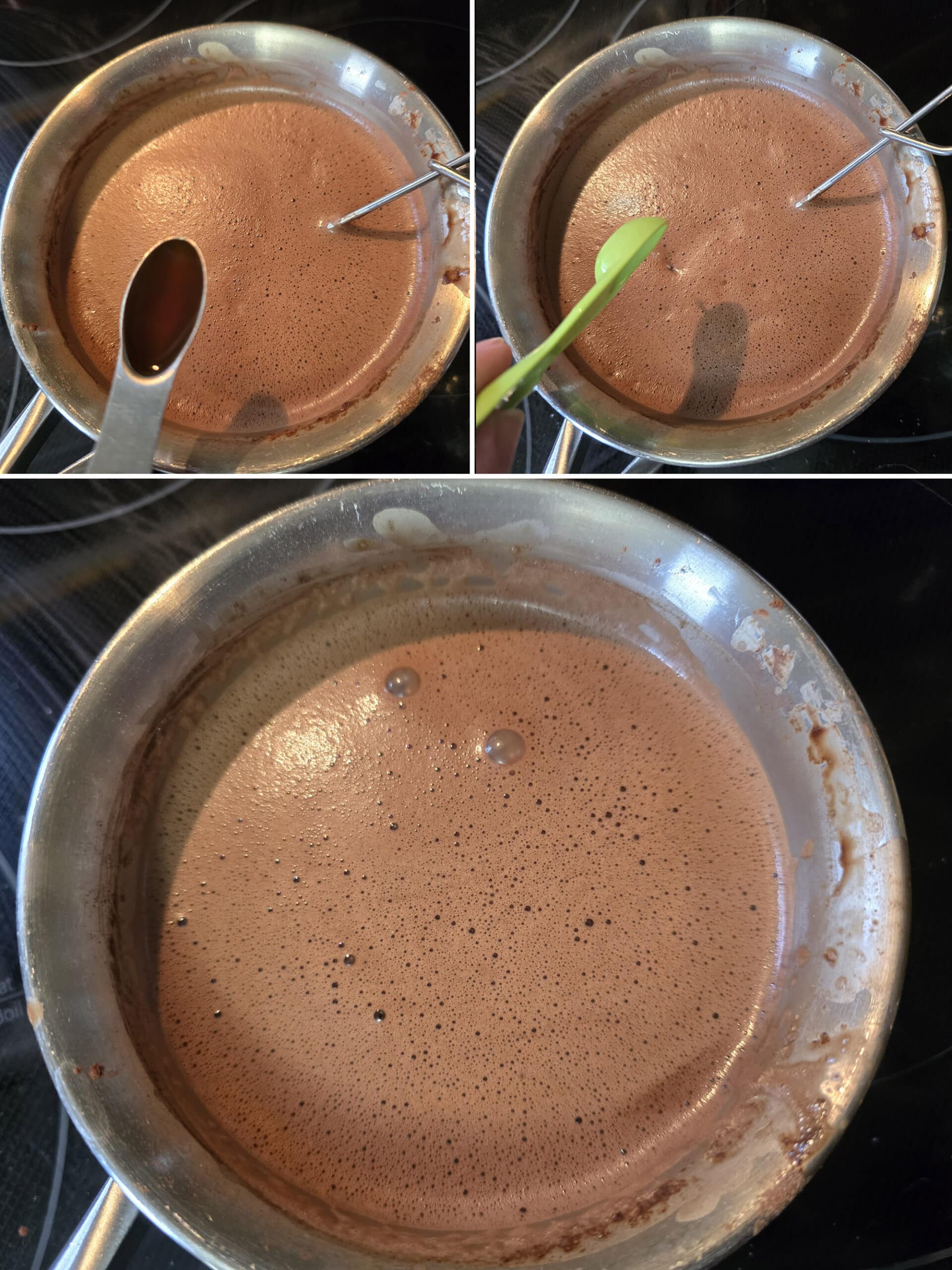 3 part image showing the vanilla and peppermint extracts being added to the pot of sugar free hot cocoa.