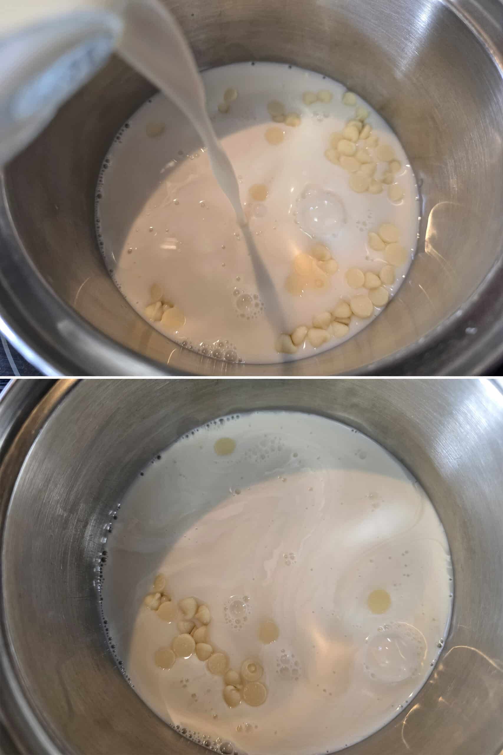 2 part image showing the almond milk and white chips being added to a small saucepan.