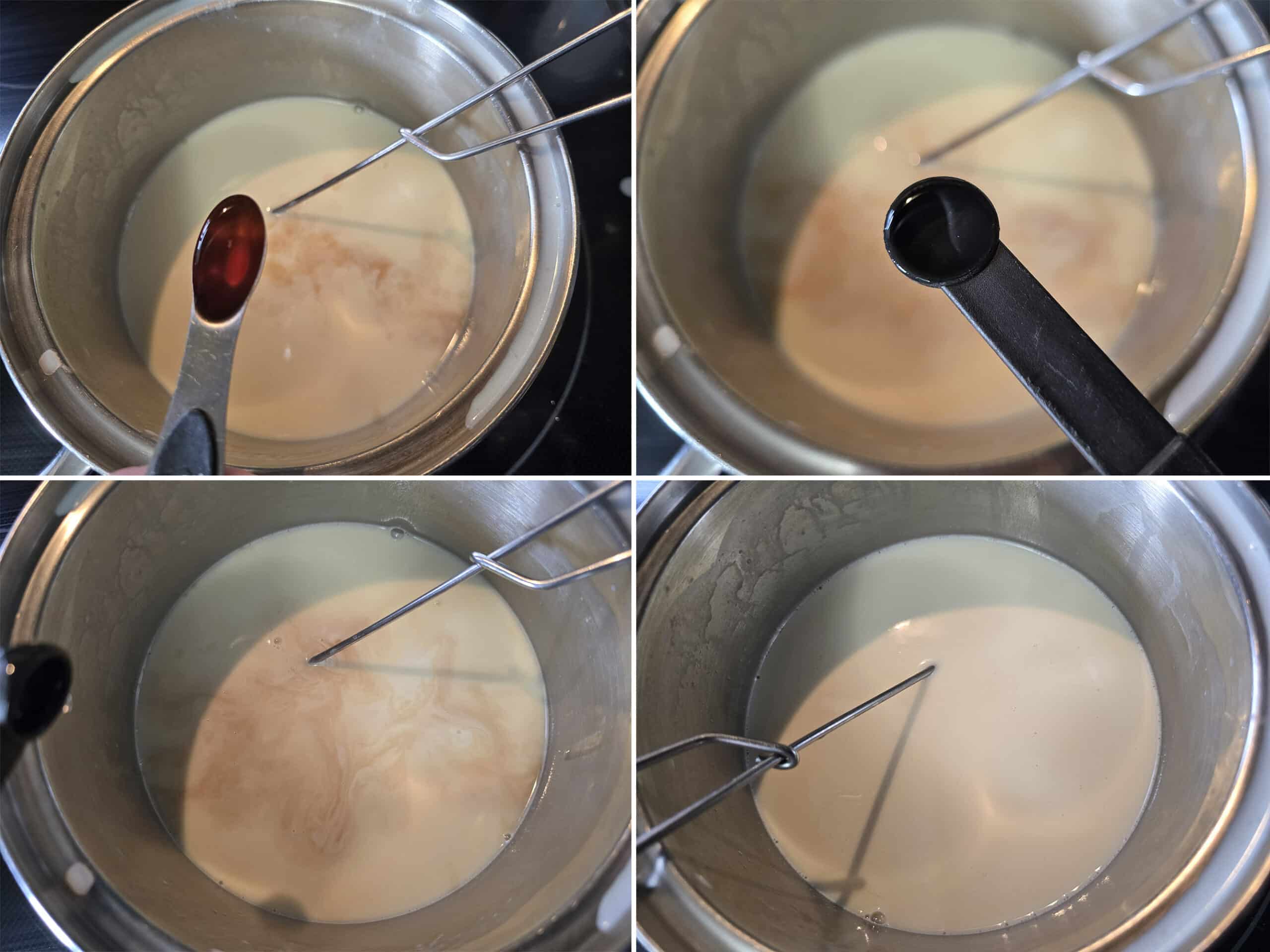 4 part image showing vanilla and peppermint extract being added to the low carb white hot chocolate.