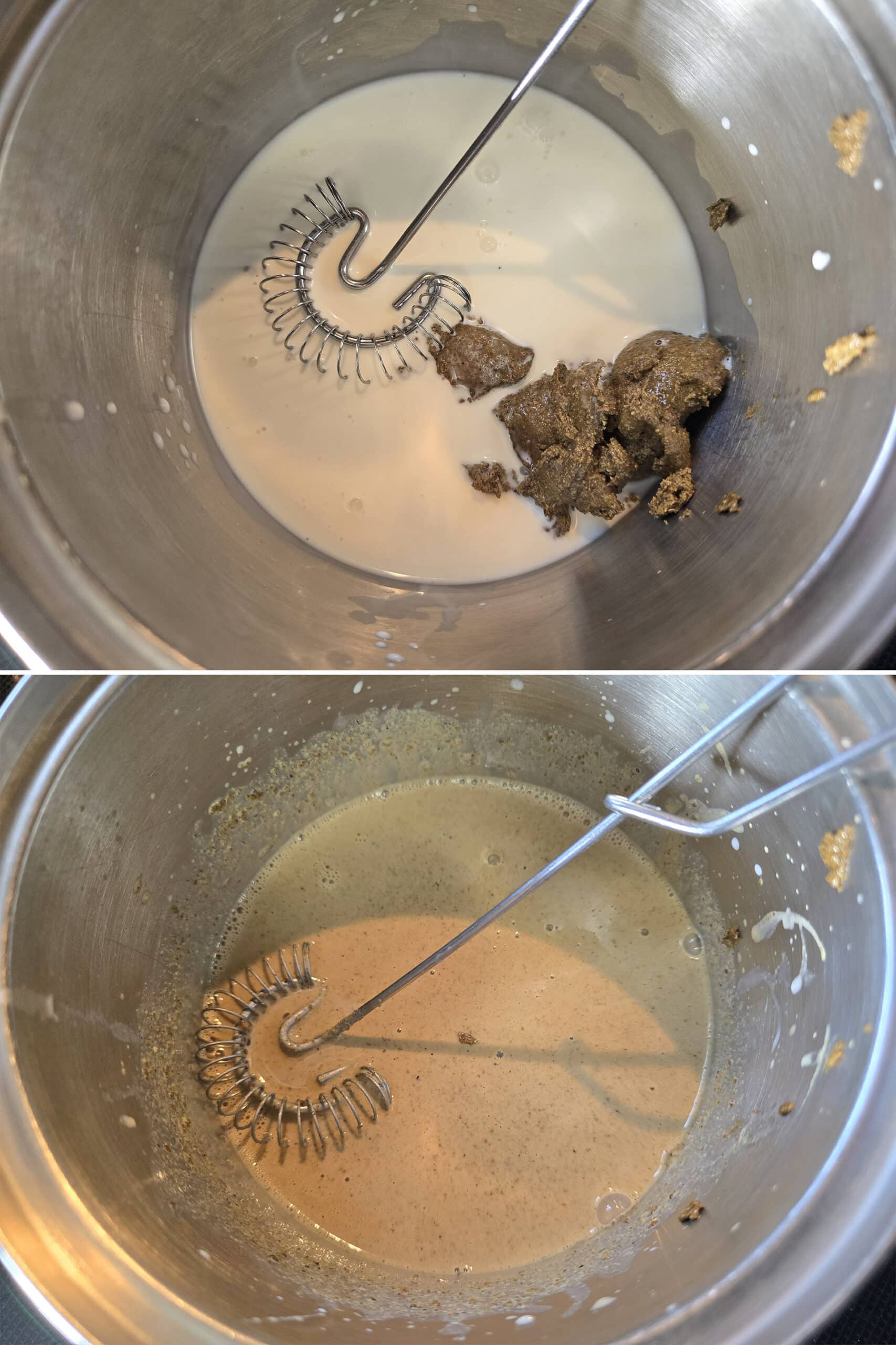 2 part image showing pistachio butter and a small amount of almond milk being whisked together in a saucepan.