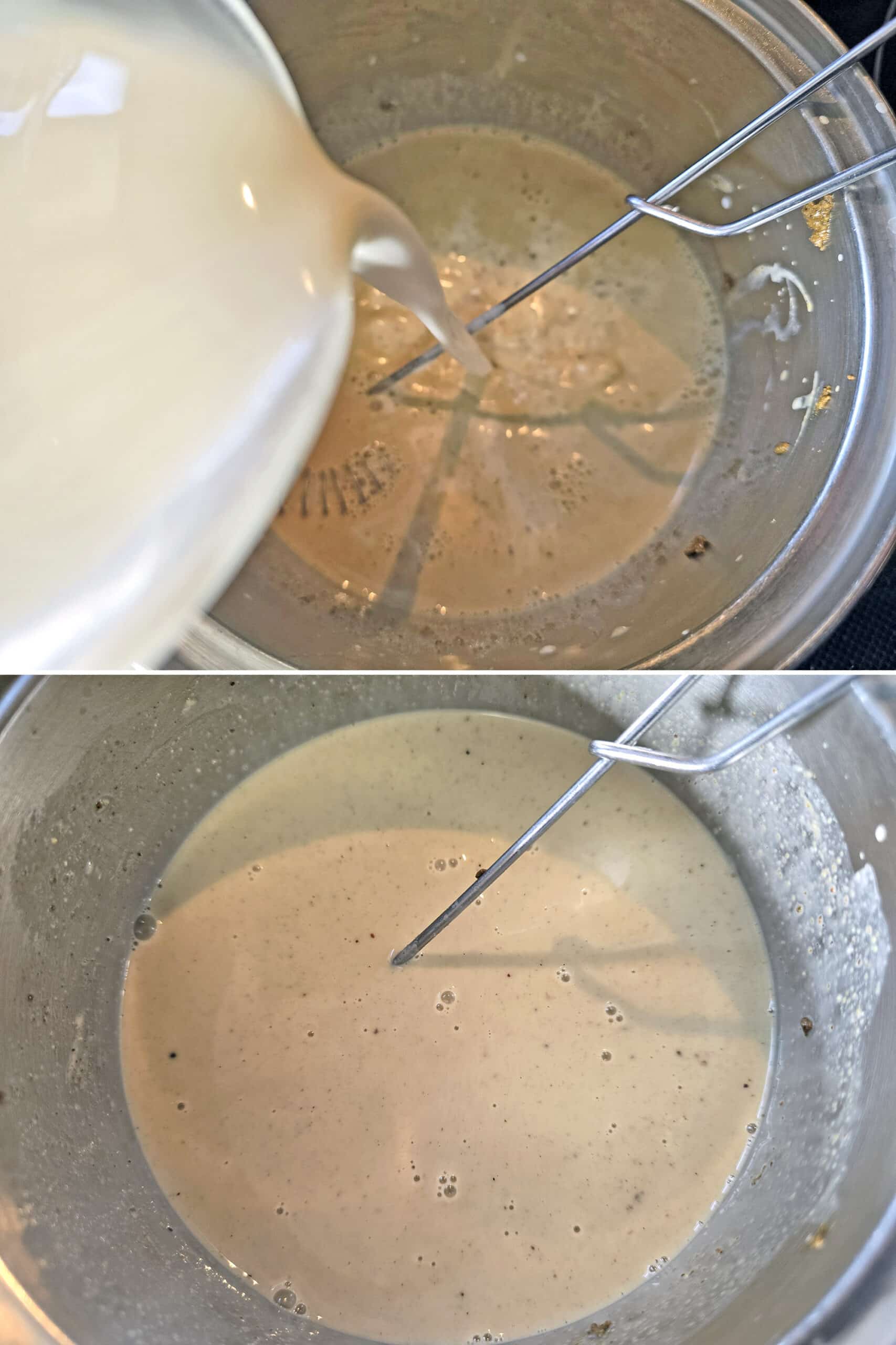 2 part image showing the rest of the almond milk being added to the pot.