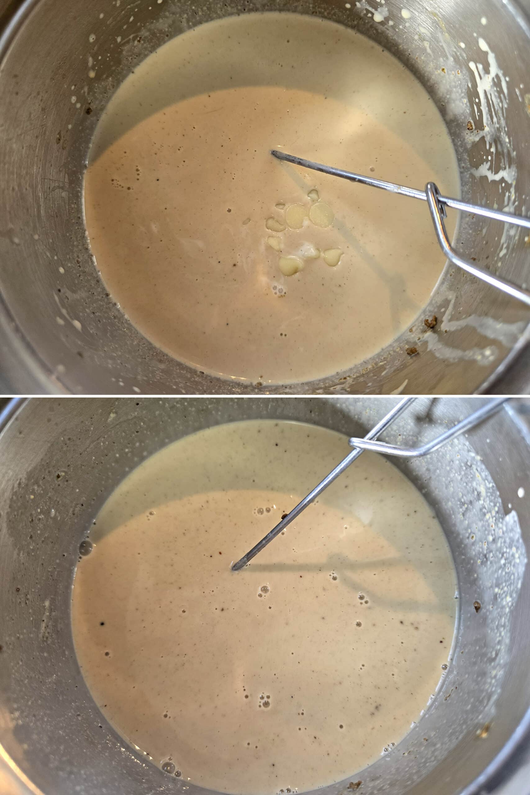 2 part image showing the sugar free white chocolate chips being added and melted in.