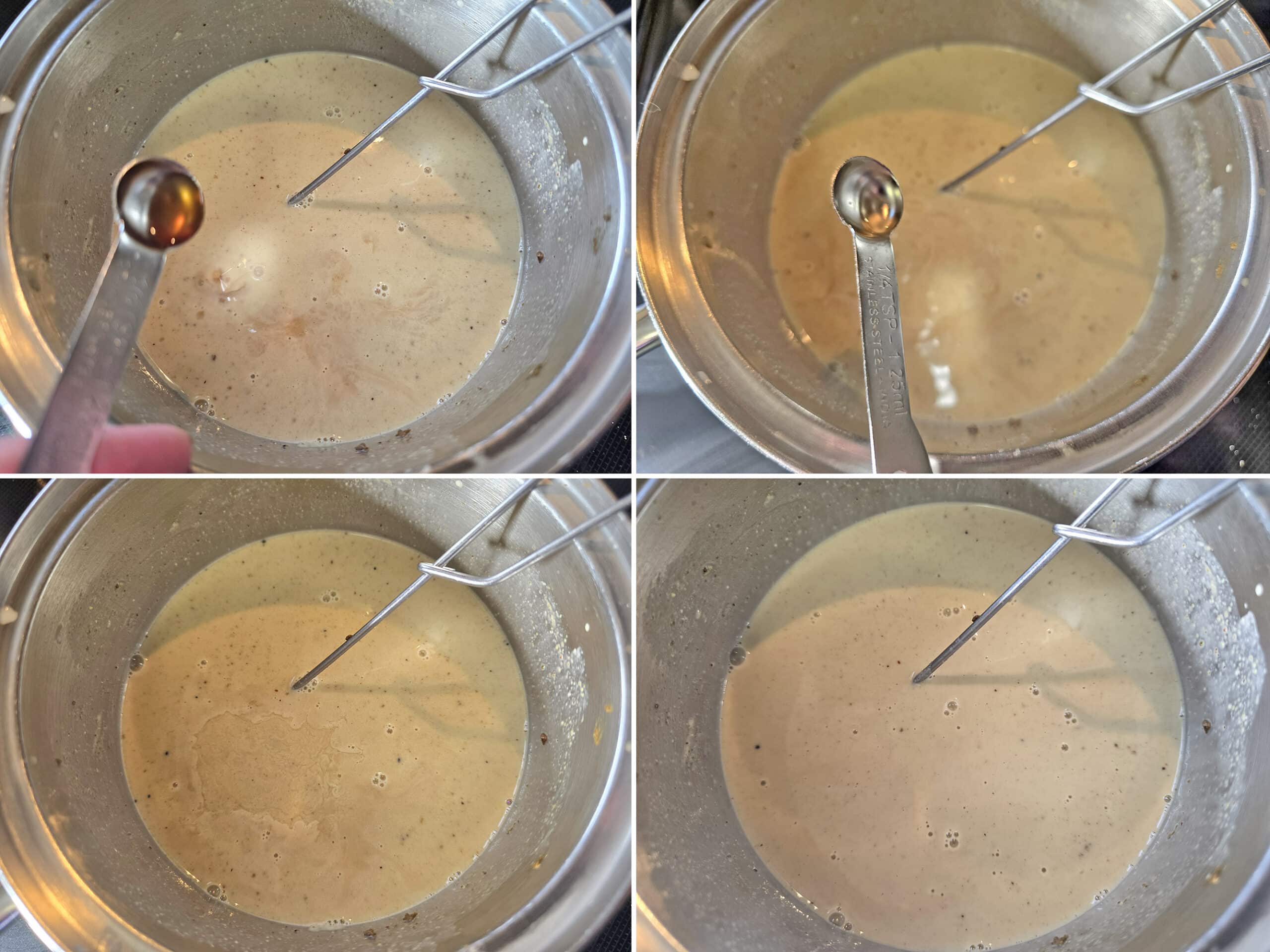 4 part image showing vanilla and almond extracts being stirred in.