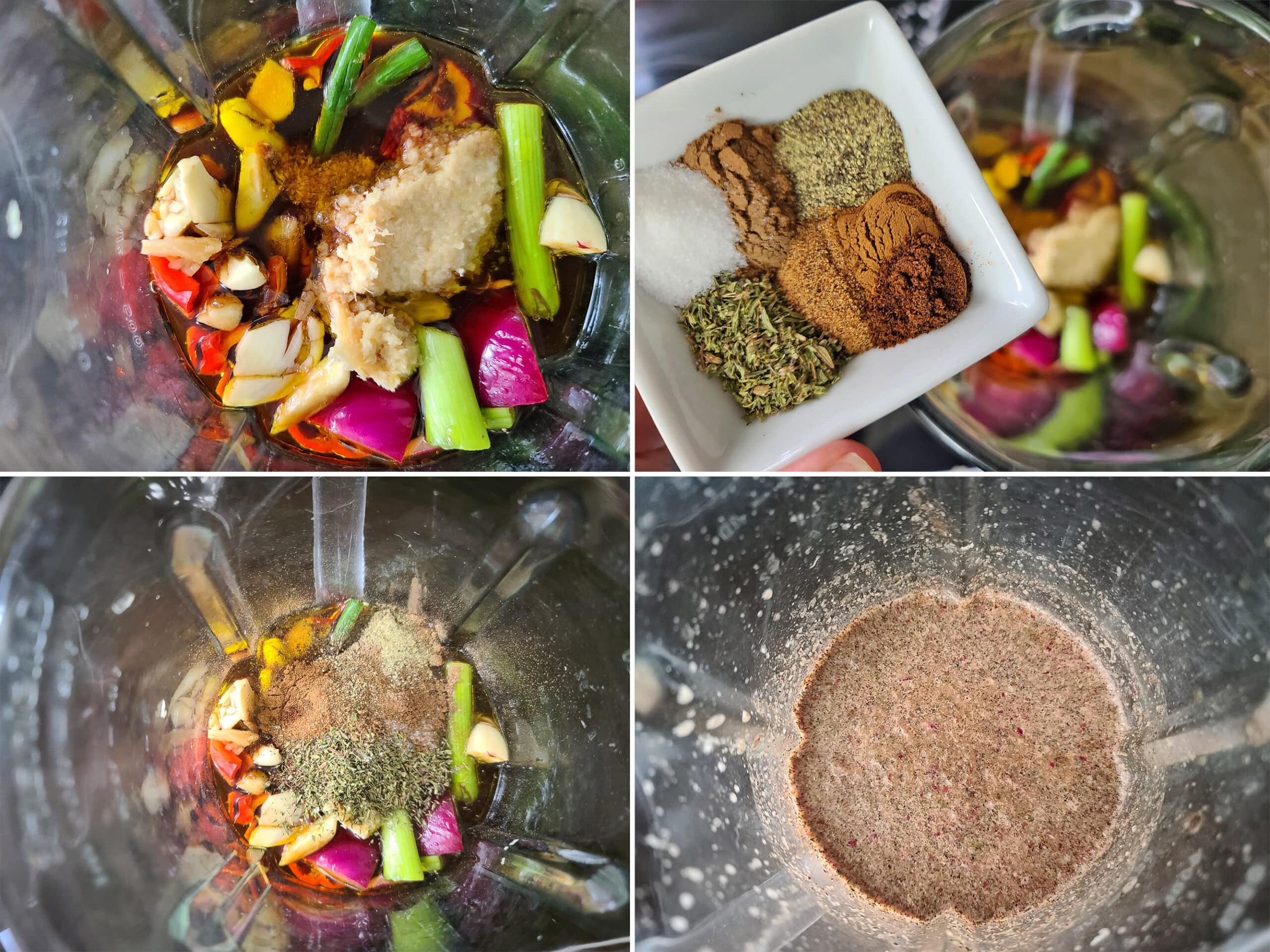4 part image showing the vegetables and spices being pureed in a blender.