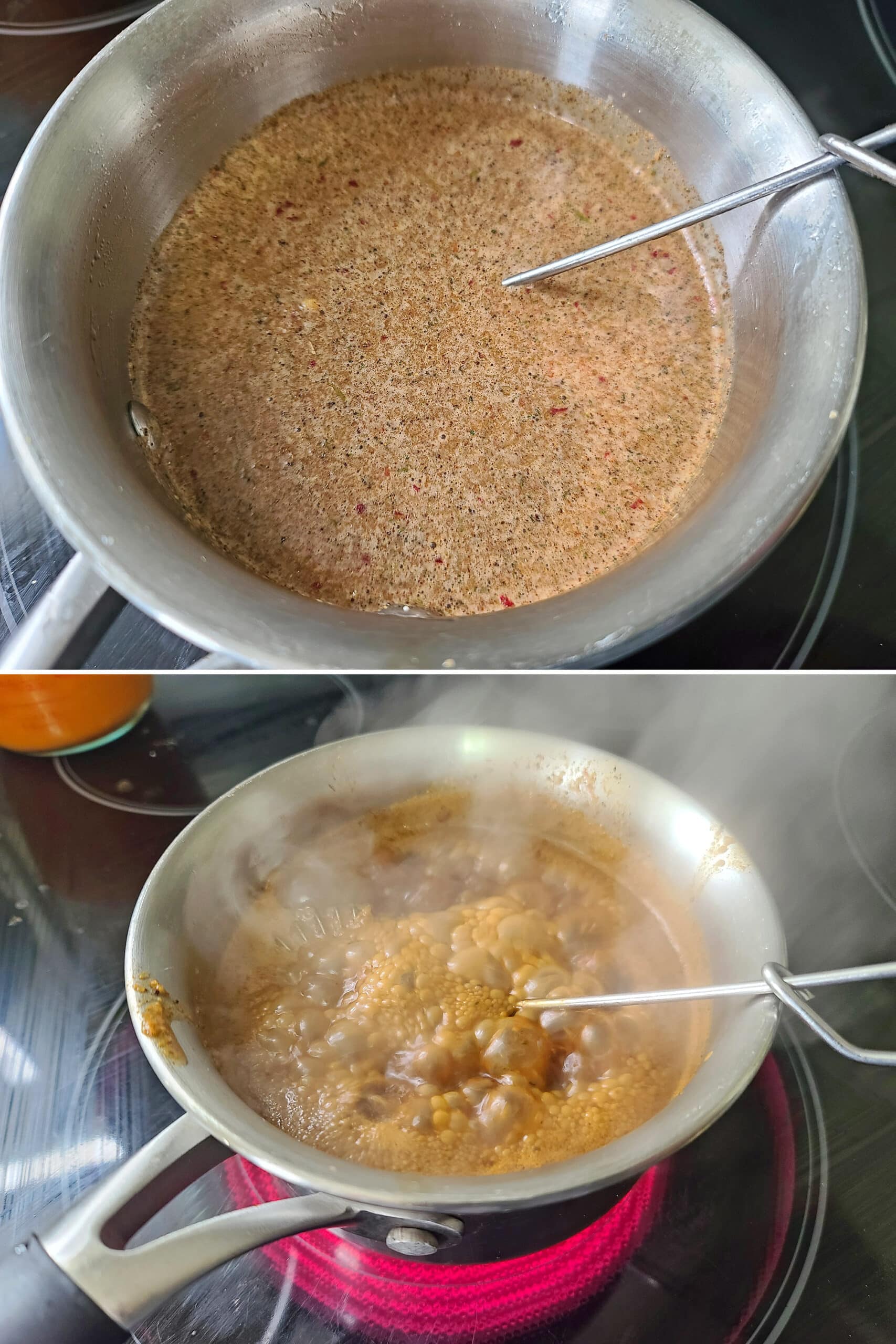 2 part image showing the jerk sauce simmering in a small pot.
