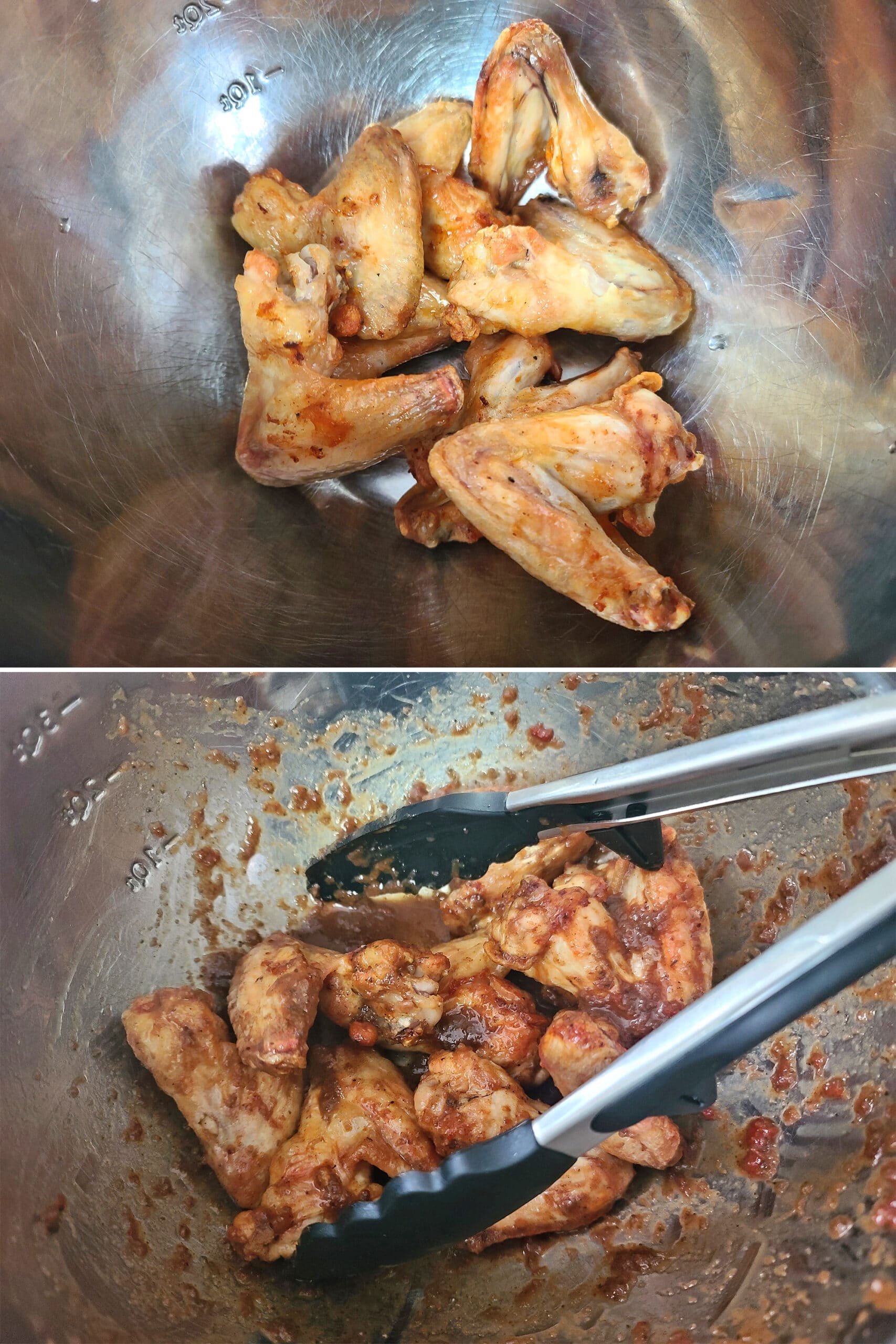 2 part image showing air fried chicken wings being tossed with jerk sauce.