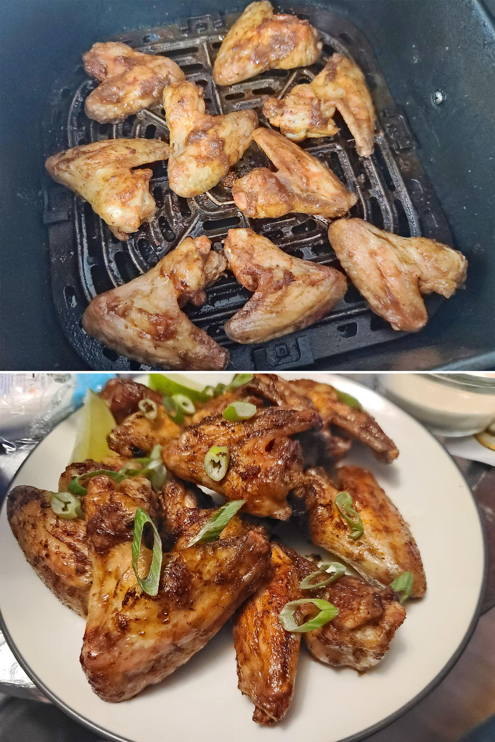 2 part image showing jerk glazed wings in an air fryer, then on a plate.