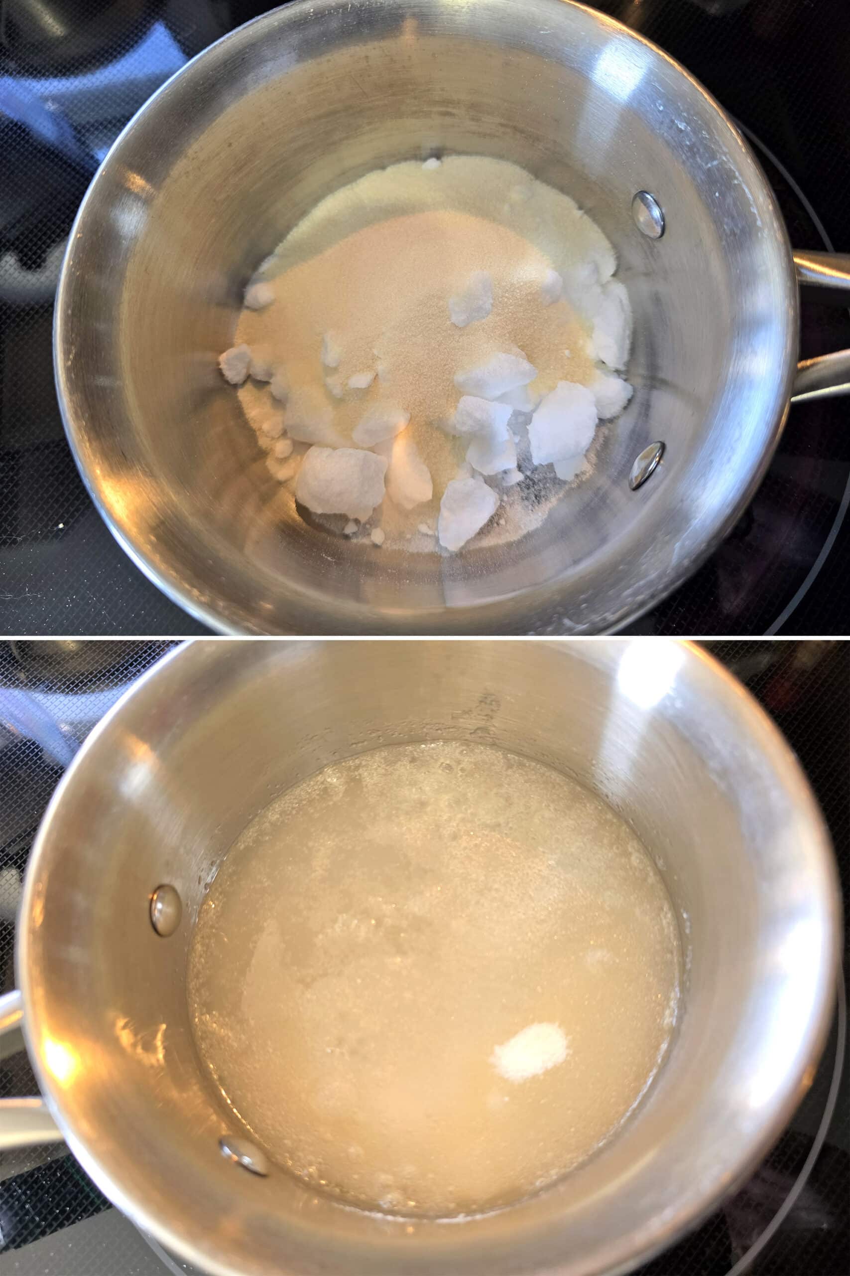 2 part image showing the allulose, gelatin, and salt being mixed with a bit of water in a small pot.