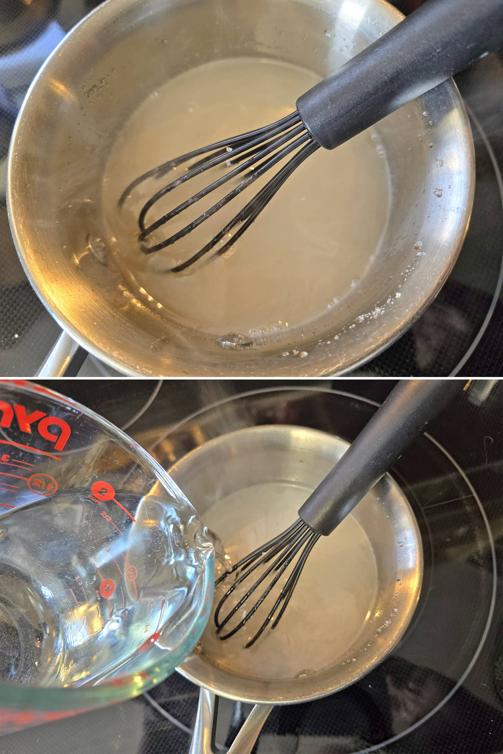 2 part image showing the pot of melted gelatin mixture with water being added.